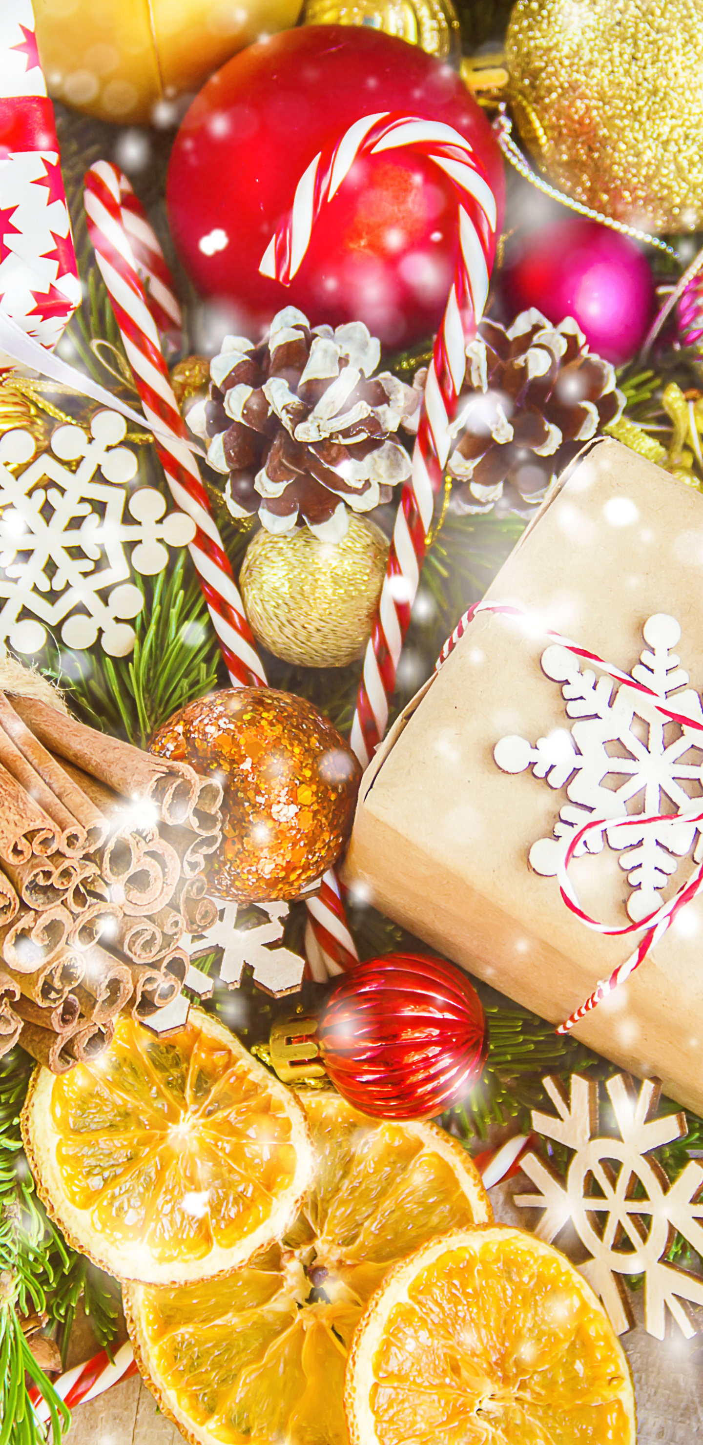 Handy-Wallpaper Feiertage, Weihnachten, Geschenk, Weihnachtsschmuck, Zimt, Flitter kostenlos herunterladen.