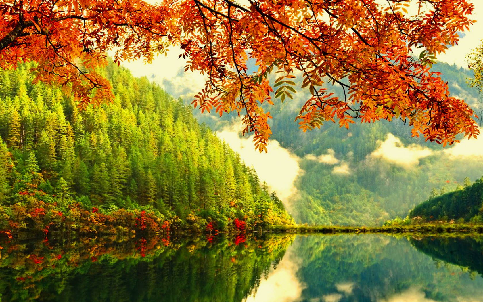 Free download wallpaper Mountain, Lake, Reflection, Forest, Fall, Branch, Earth on your PC desktop