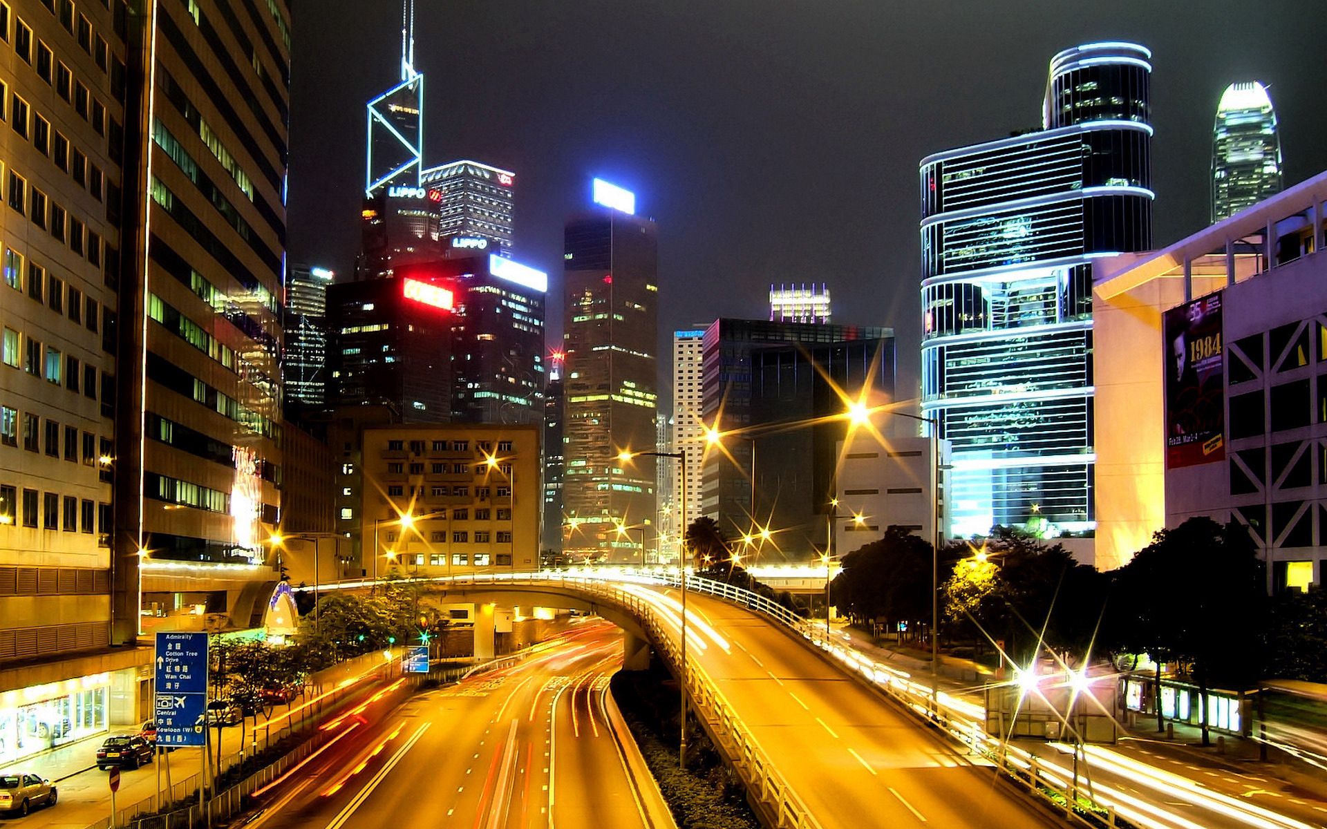 Скачать обои бесплатно Здания, Дорога, Гонконг, Ночь, Города, Свет картинка на рабочий стол ПК