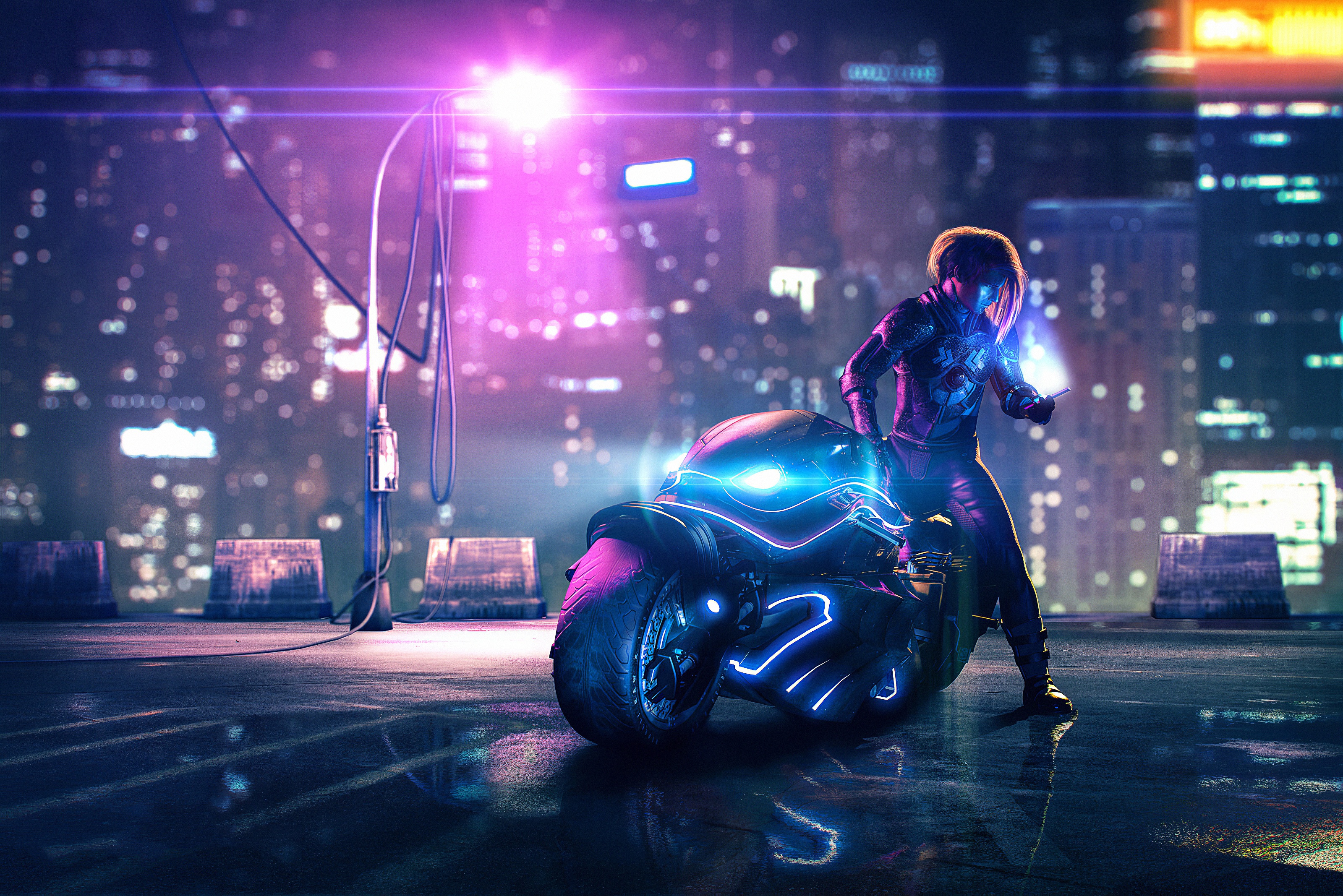 Laden Sie das Cyberpunk, Motorrad, Science Fiction, Nacht, Futuristisch, Fahrzeug-Bild kostenlos auf Ihren PC-Desktop herunter