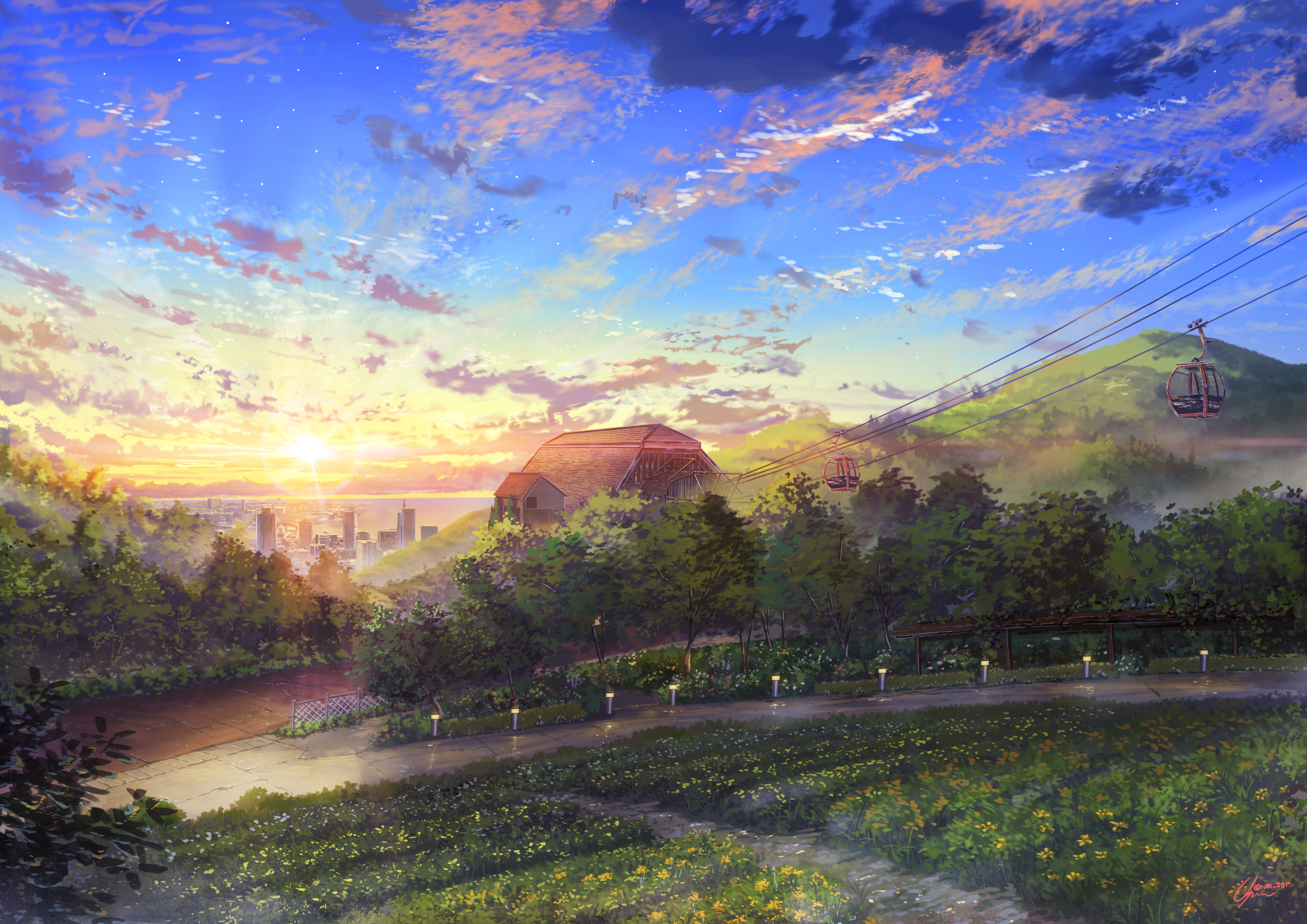 Laden Sie das Landschaft, Haus, Wolke, Himmel, Sonnenuntergang, Animes-Bild kostenlos auf Ihren PC-Desktop herunter