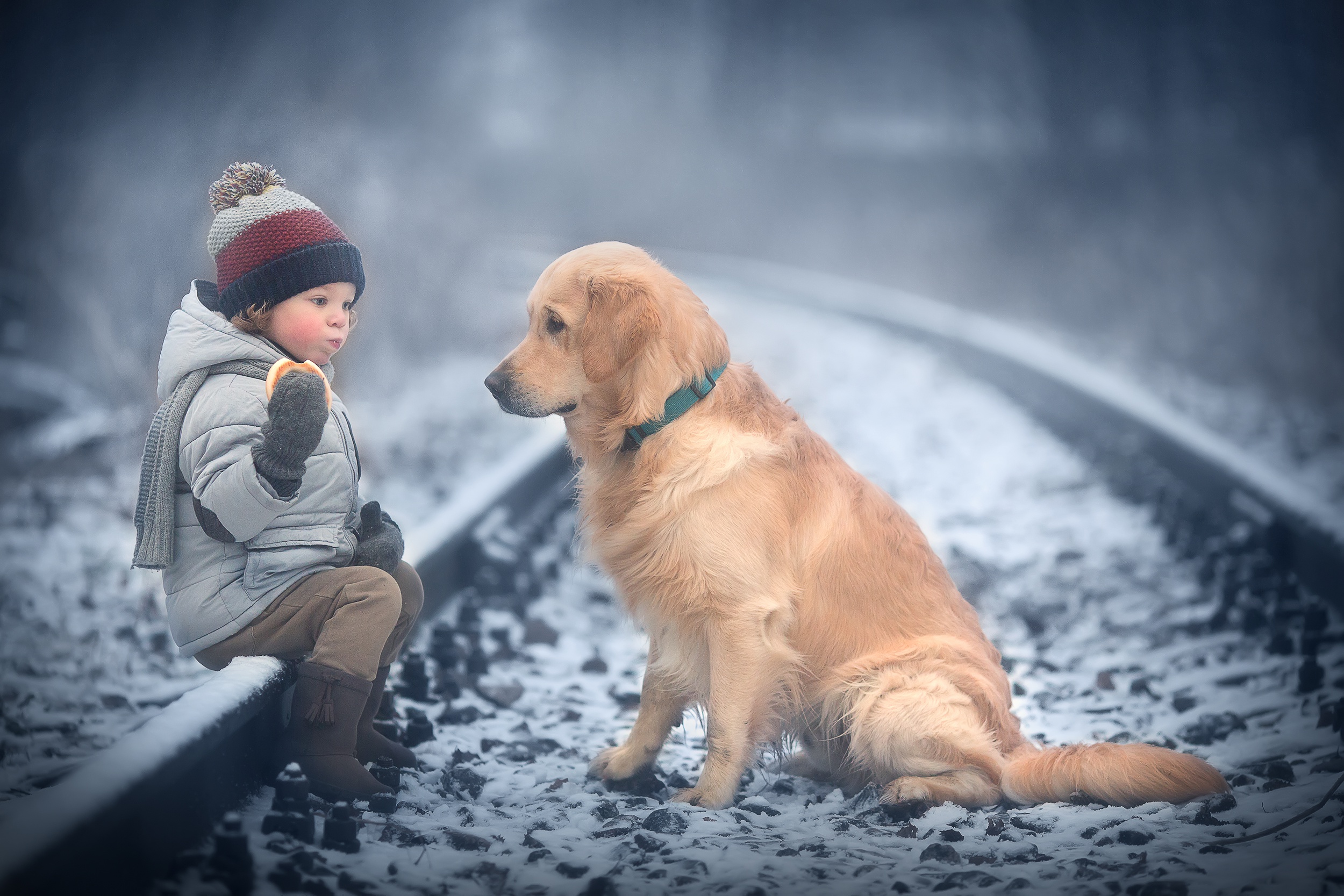 Download mobile wallpaper Winter, Dog, Golden Retriever, Child, Photography for free.