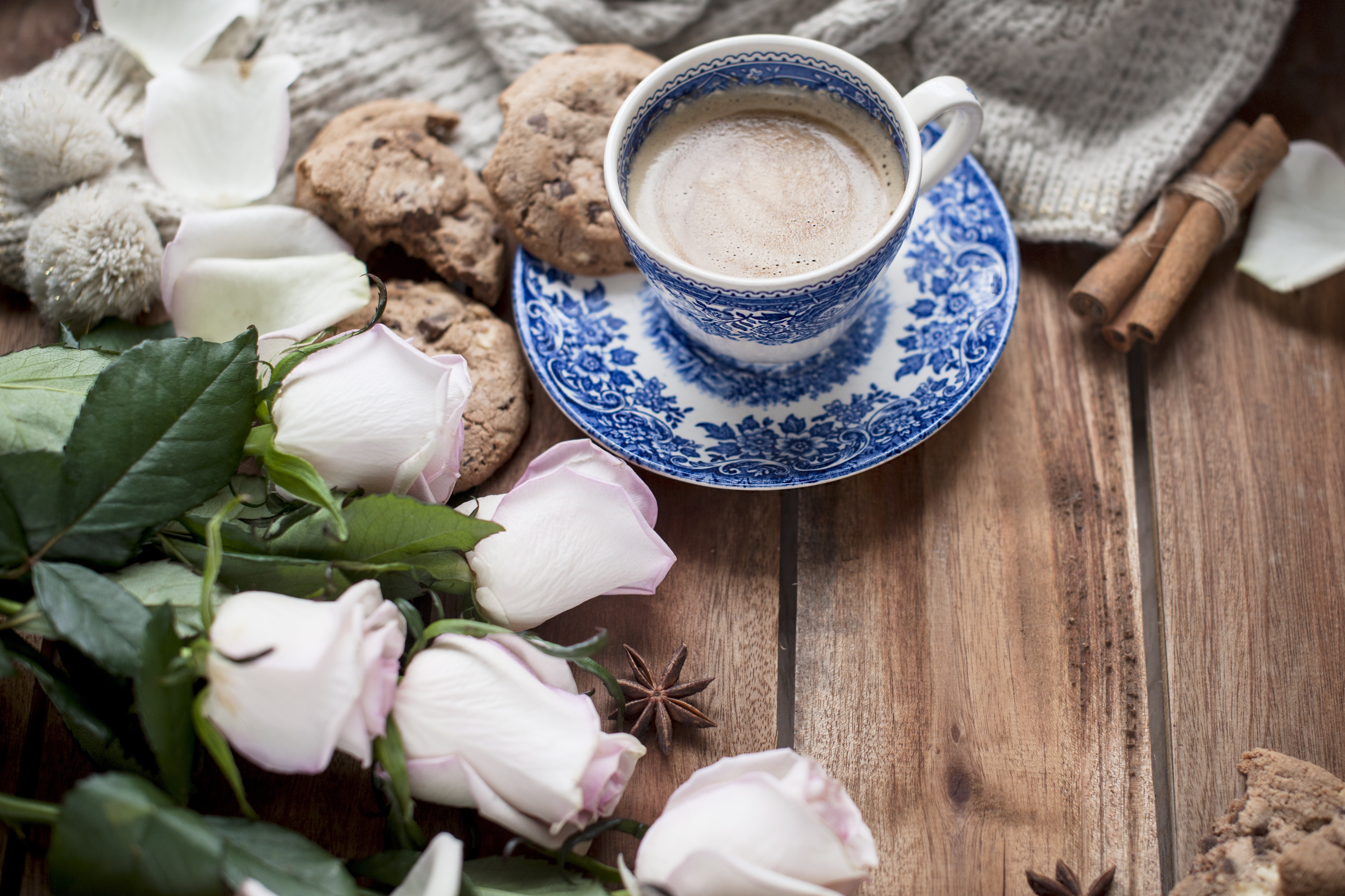 Download mobile wallpaper Food, Coffee, Still Life, Flower, Rose, Cup, Drink, Cookie for free.