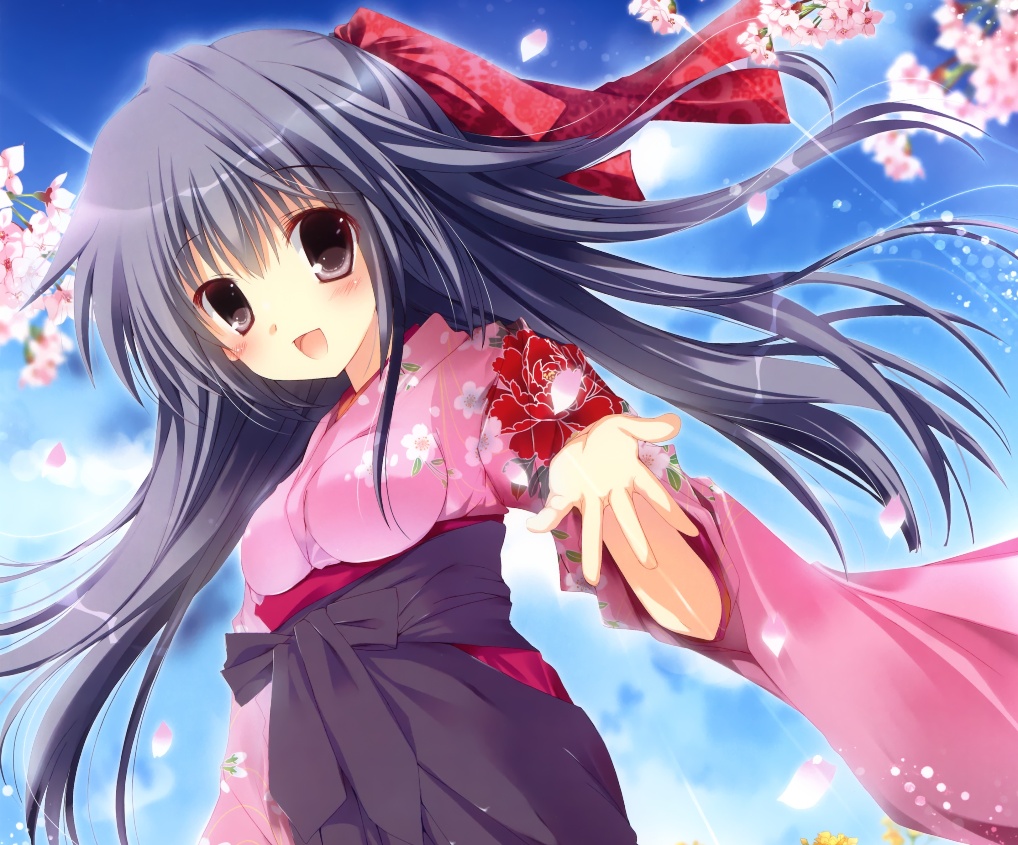 Free download wallpaper Anime, Flower, Smile, Kimono, Cherry Blossom, Original, Blush, Brown Eyes, Black Hair, Long Hair on your PC desktop