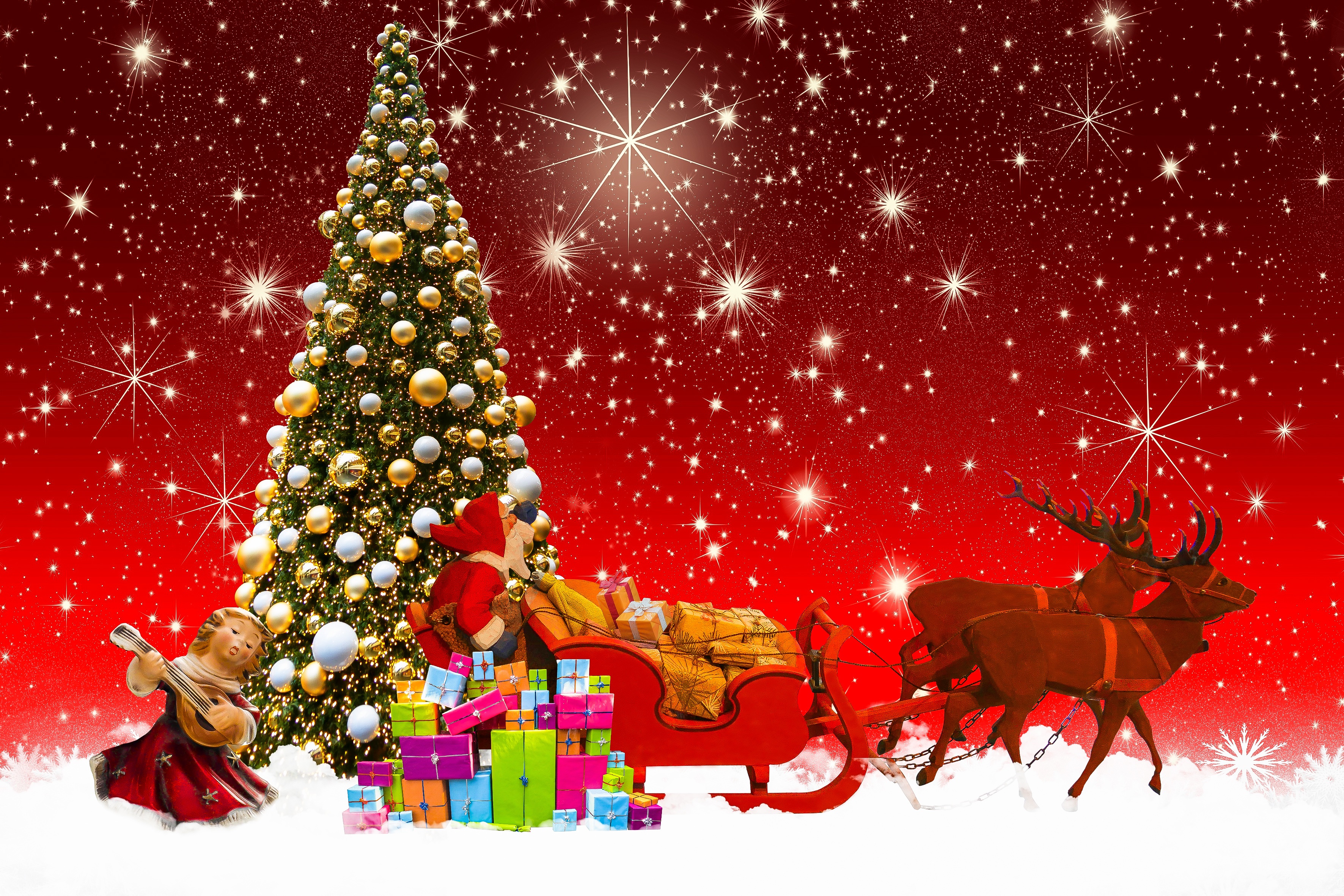 Free download wallpaper Stars, Snow, Christmas, Holiday, Gift, Christmas Tree, Figurine, Sled, Santa, Reindeer on your PC desktop