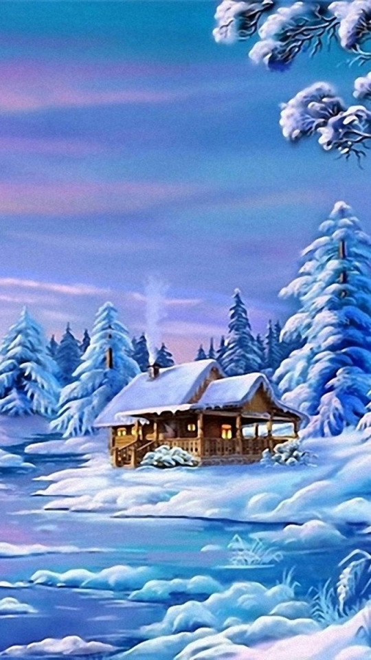 Download mobile wallpaper Landscape, Winter, Snow, Tree, Artistic, Cabin for free.