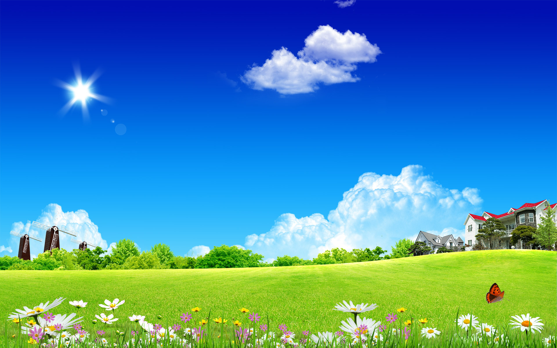 12954 Hintergrundbild herunterladen landschaft, hintergrund, blau, grass, clouds, sky - Bildschirmschoner und Bilder kostenlos