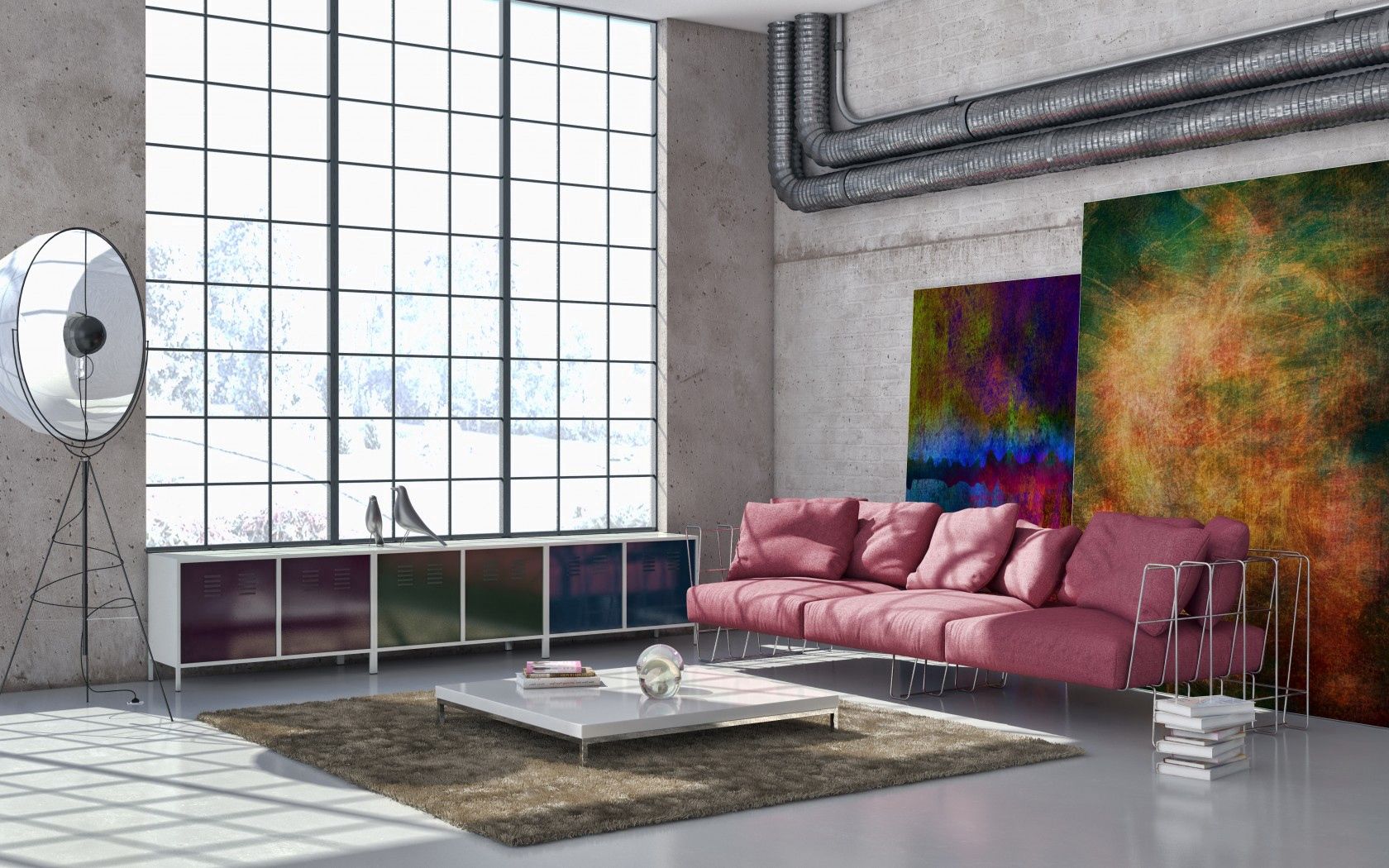 paintings, books, miscellanea, miscellaneous, window, table, room, sofa, cushions, pillows, carpet, side table