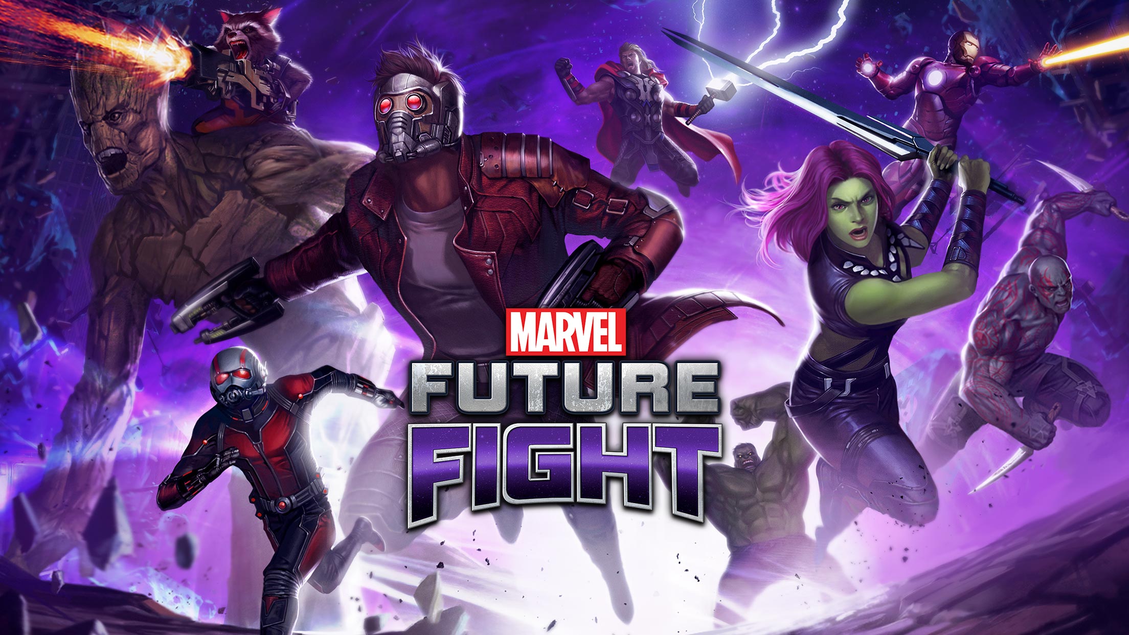 video game, marvel: future fight, ant man, drax the destroyer, gamora, groot, hulk, iron man, rocket raccoon, star lord, thor