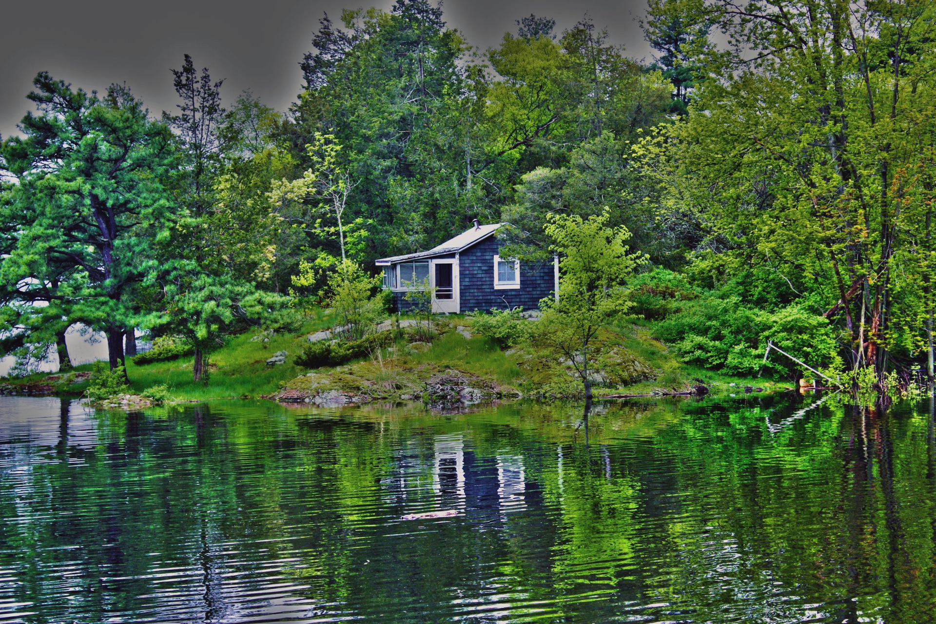 Download mobile wallpaper Lake, Tree, Cabin, Man Made for free.