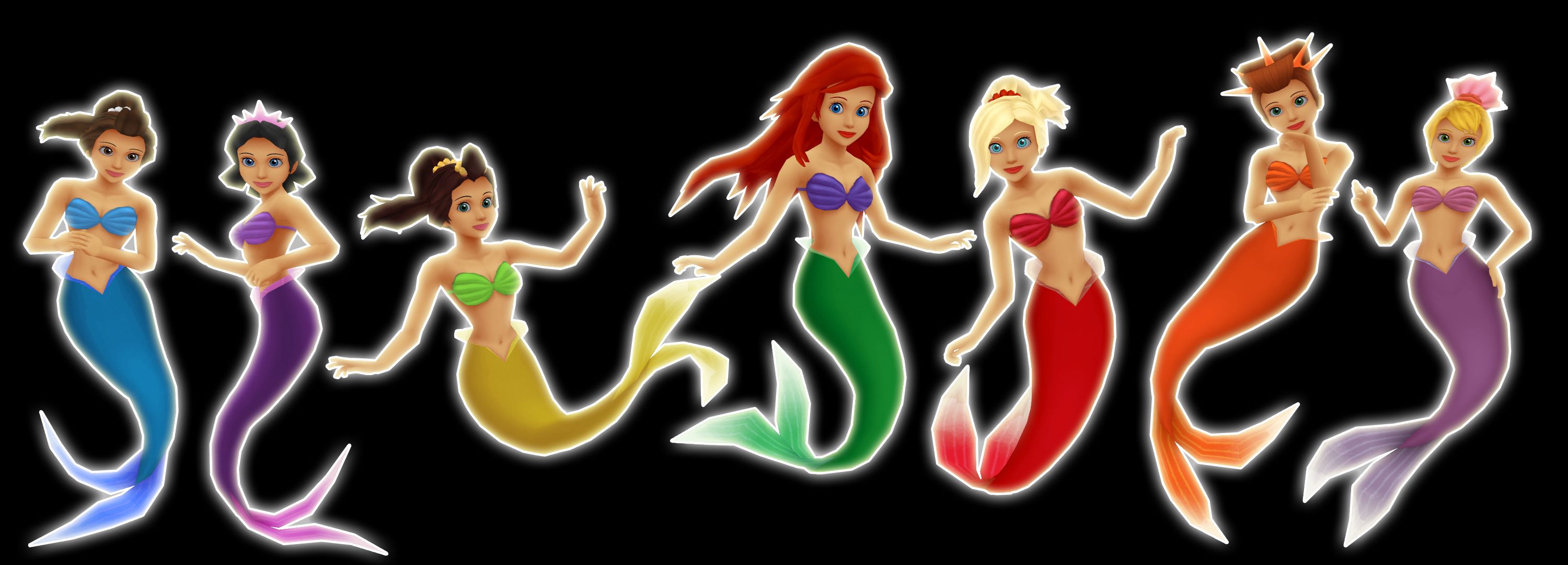 andrina (the little mermaid), video game, kingdom hearts, adella (the little mermaid), alana (the little mermaid), aquata (the little mermaid), ariel (the little mermaid), arista (the little mermaid), attina (the little mermaid), black hair, blonde, brown hair, mermaid, red hair