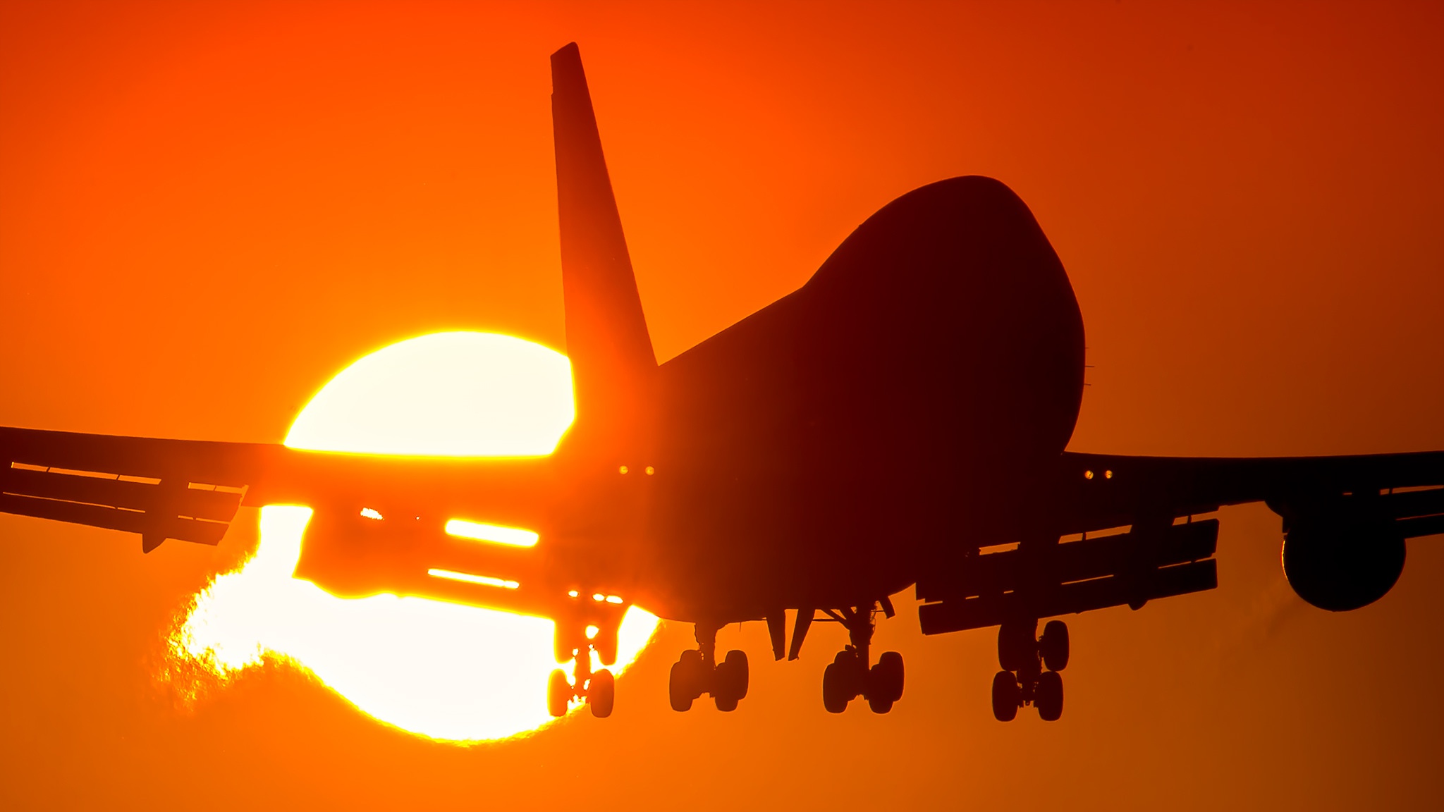 boeing 747, vehicles, aircraft, passenger plane, silhouette, sun