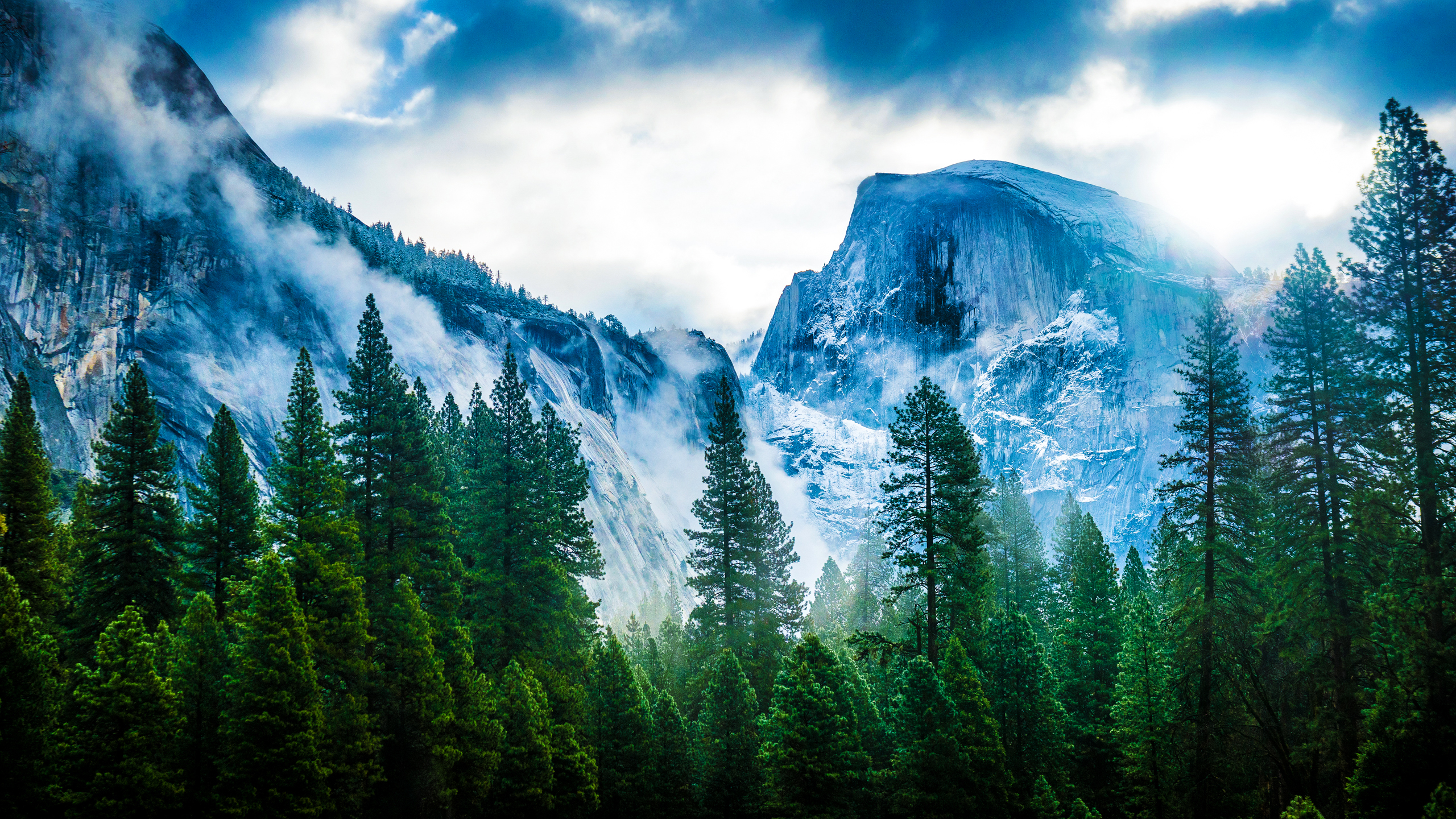 Baixar papel de parede para celular de Montanhas, Inverno, Parque Nacional De Yosemite, Neblina, Floresta, Árvore, Montanha, Terra/natureza gratuito.