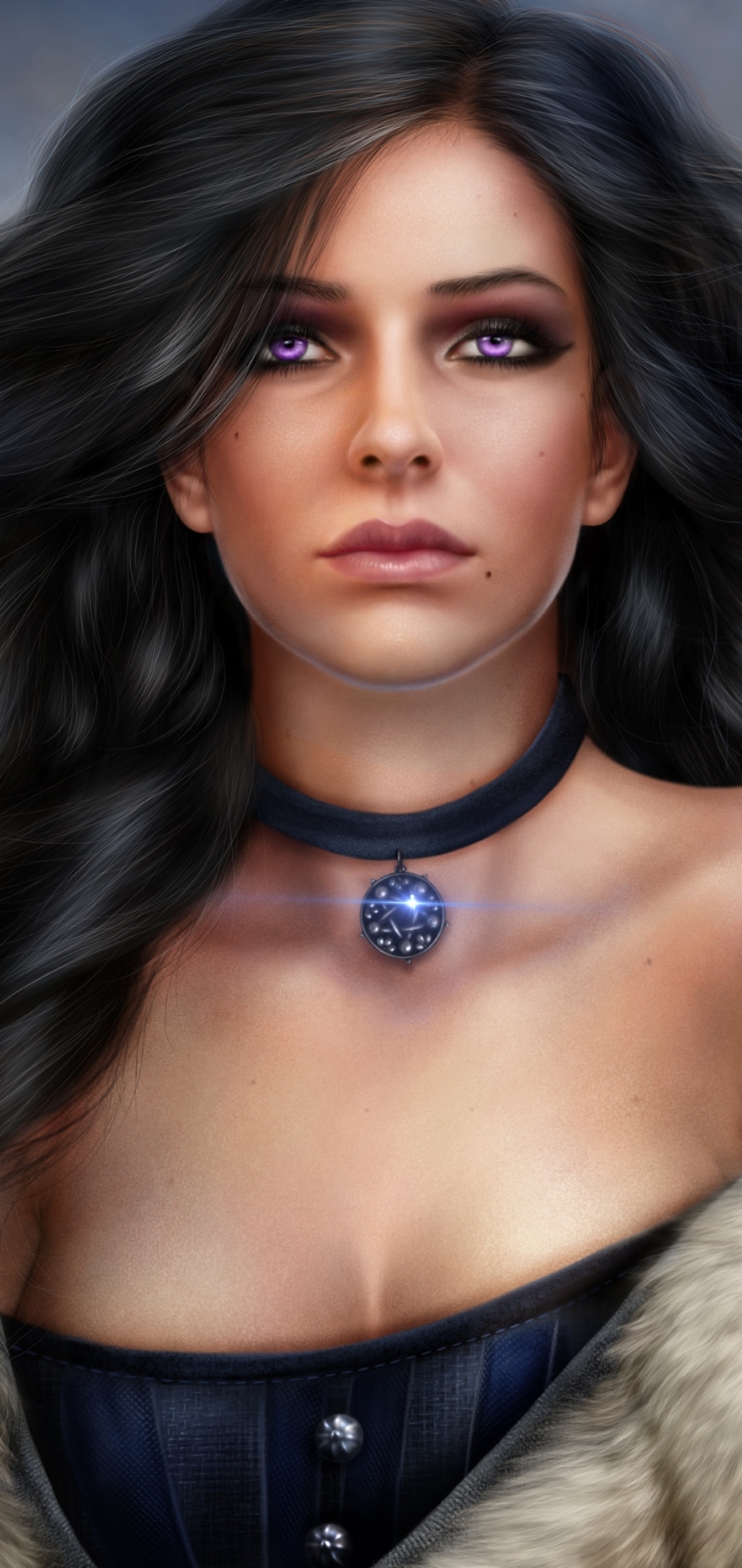 video game, the witcher 3: wild hunt, necklace, purple eyes, yennefer of vengerberg, black hair, amulet, the witcher