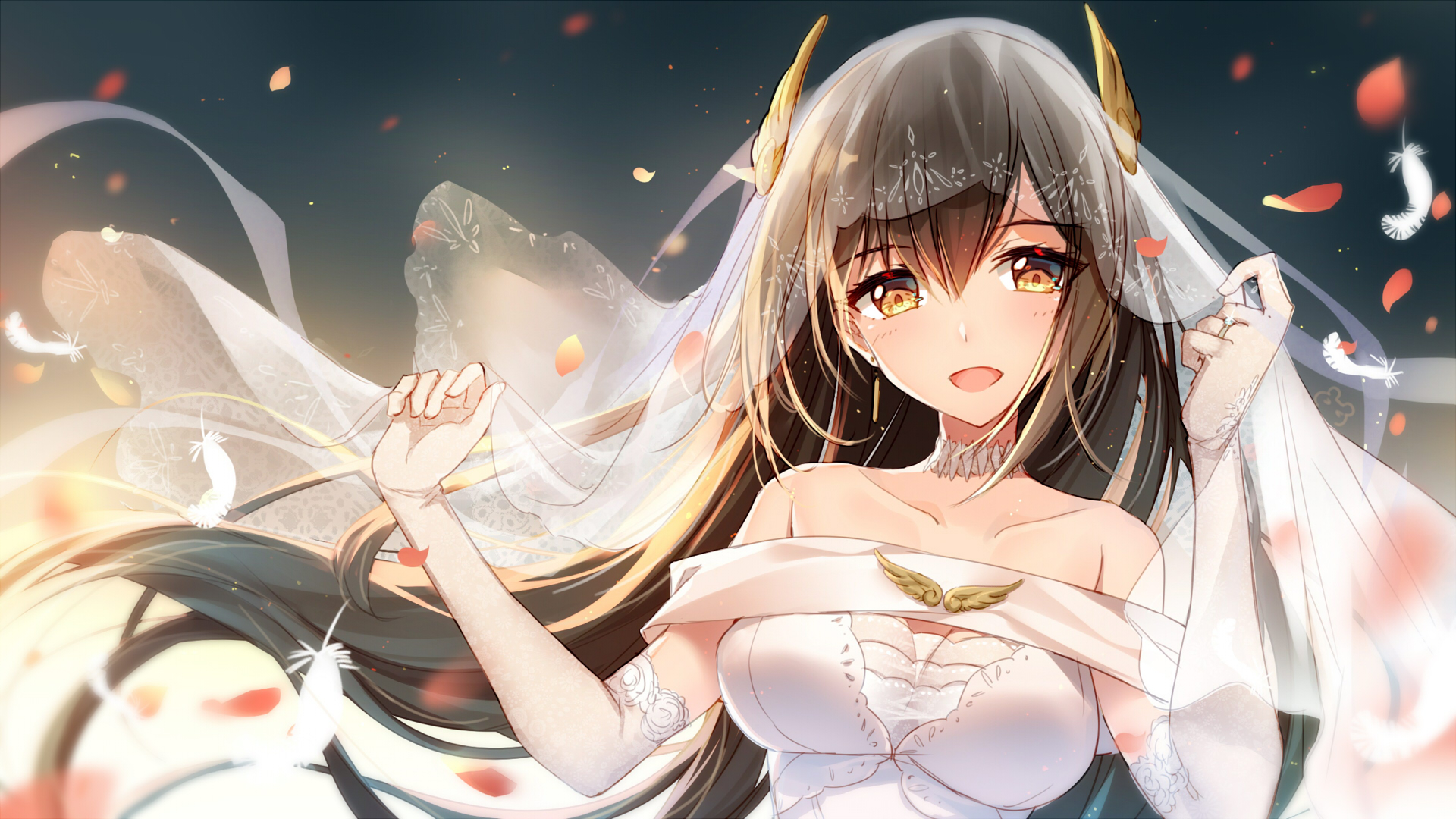 anime, warship girls, hermes (warship girls), long hair, orange eyes, smile, wedding dress