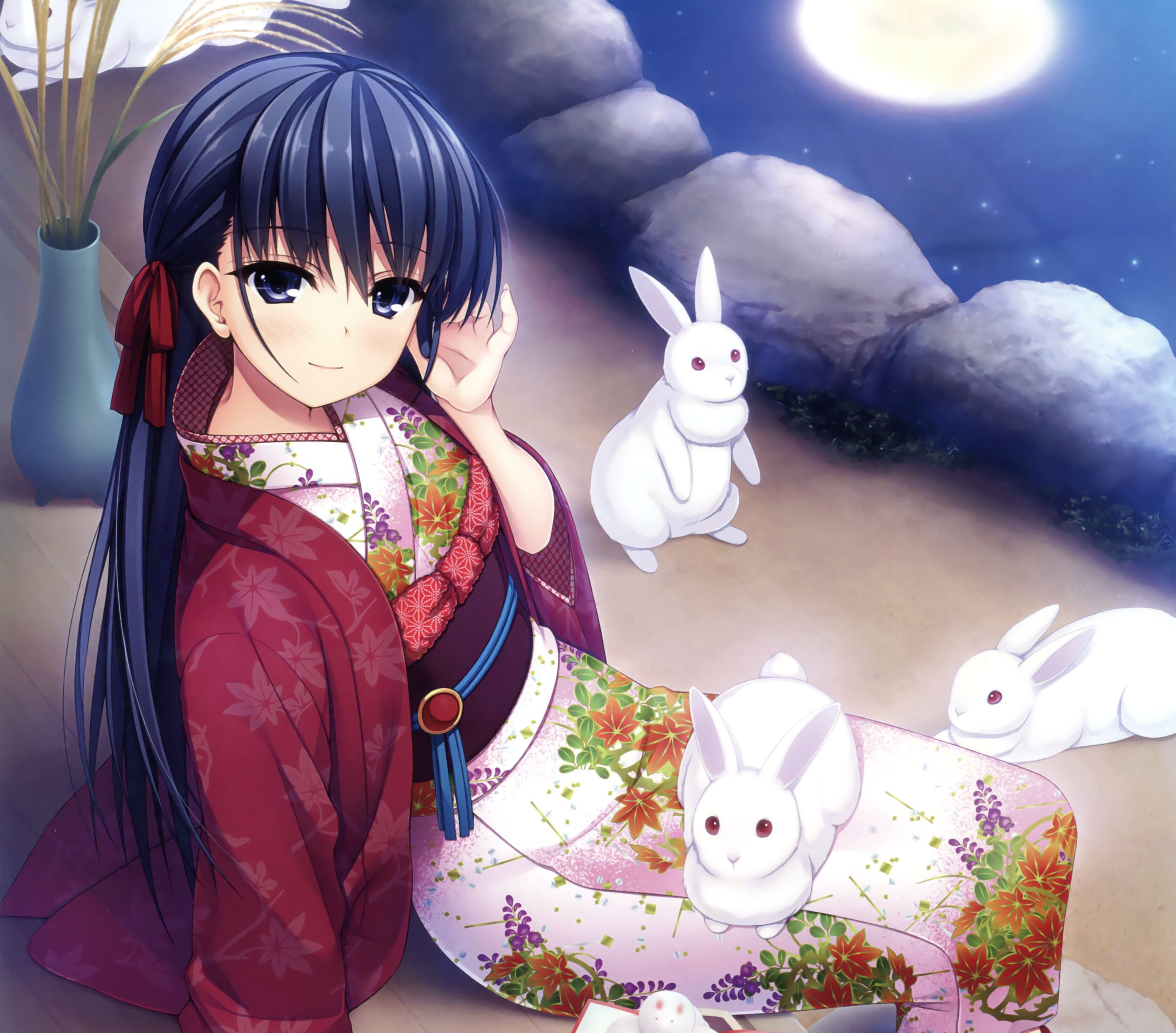 Download mobile wallpaper Anime, Lake, Smile, Kimono, Original, Blush, Bunny, Black Hair, Long Hair for free.
