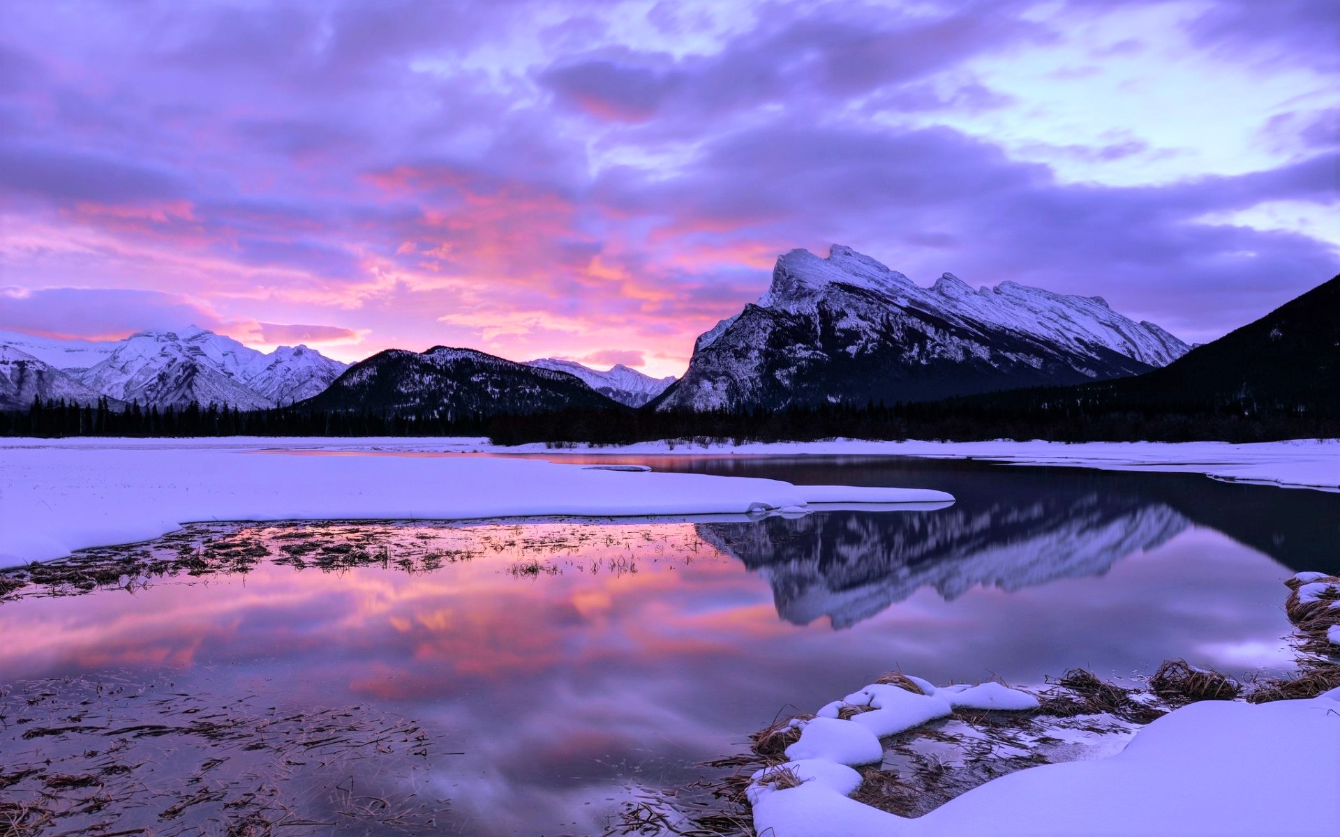 Laden Sie das Winter, Rosa, Schnee, See, Gebirge, Wolke, Himmel, Sonnenuntergang, Erde/natur, Spiegelung-Bild kostenlos auf Ihren PC-Desktop herunter