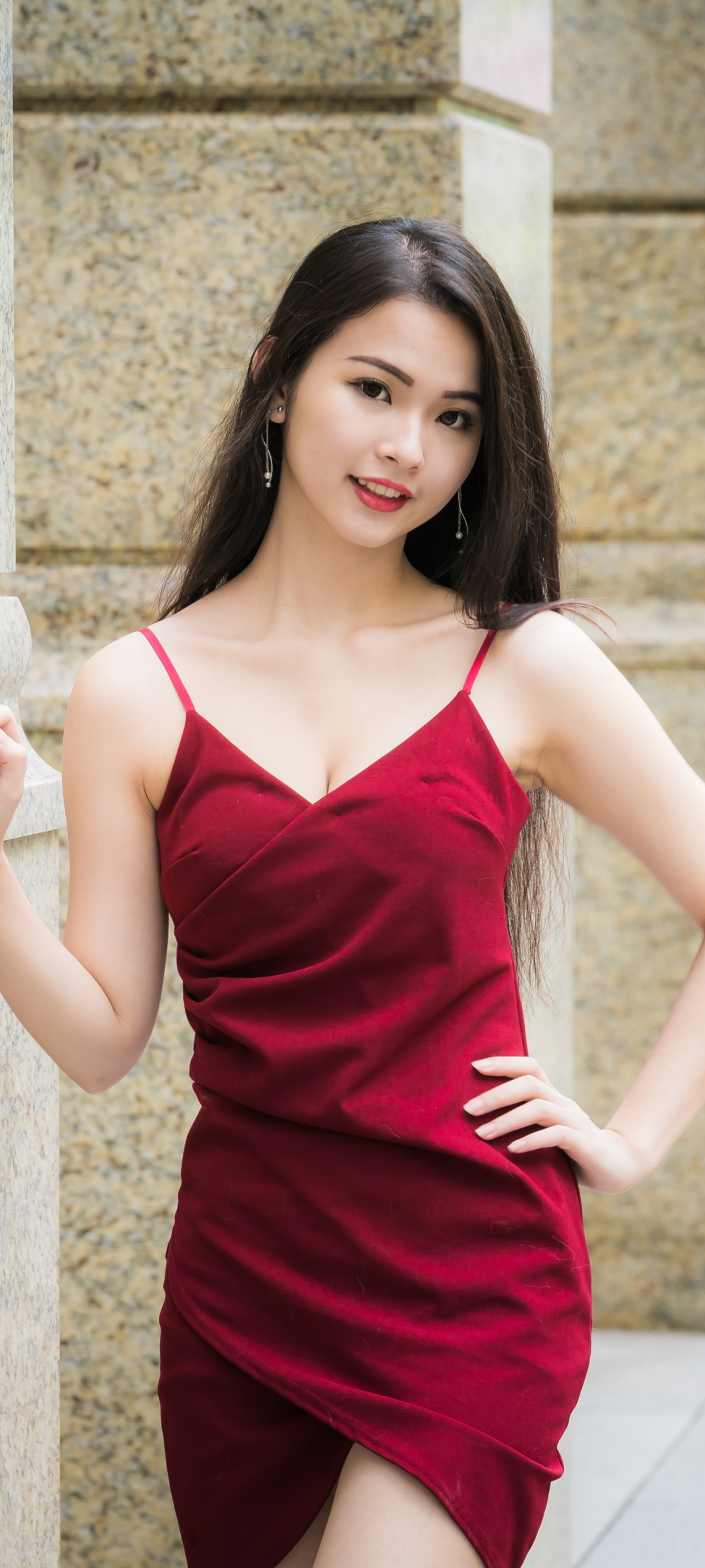 Download mobile wallpaper Model, Women, Asian, Black Hair, Red Dress for free.