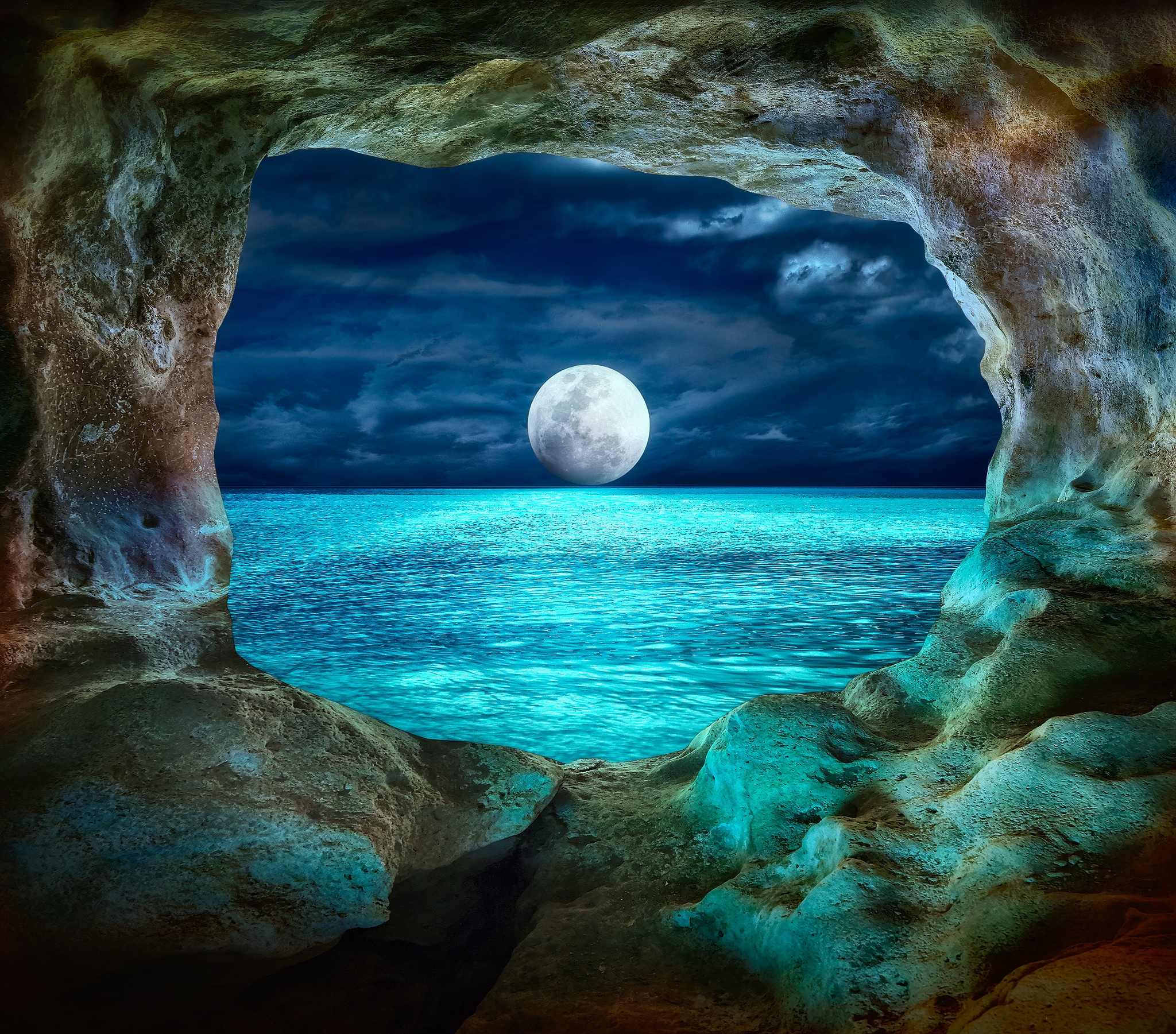 Wallpaper Full HD sea, cave, moon, earth, ocean