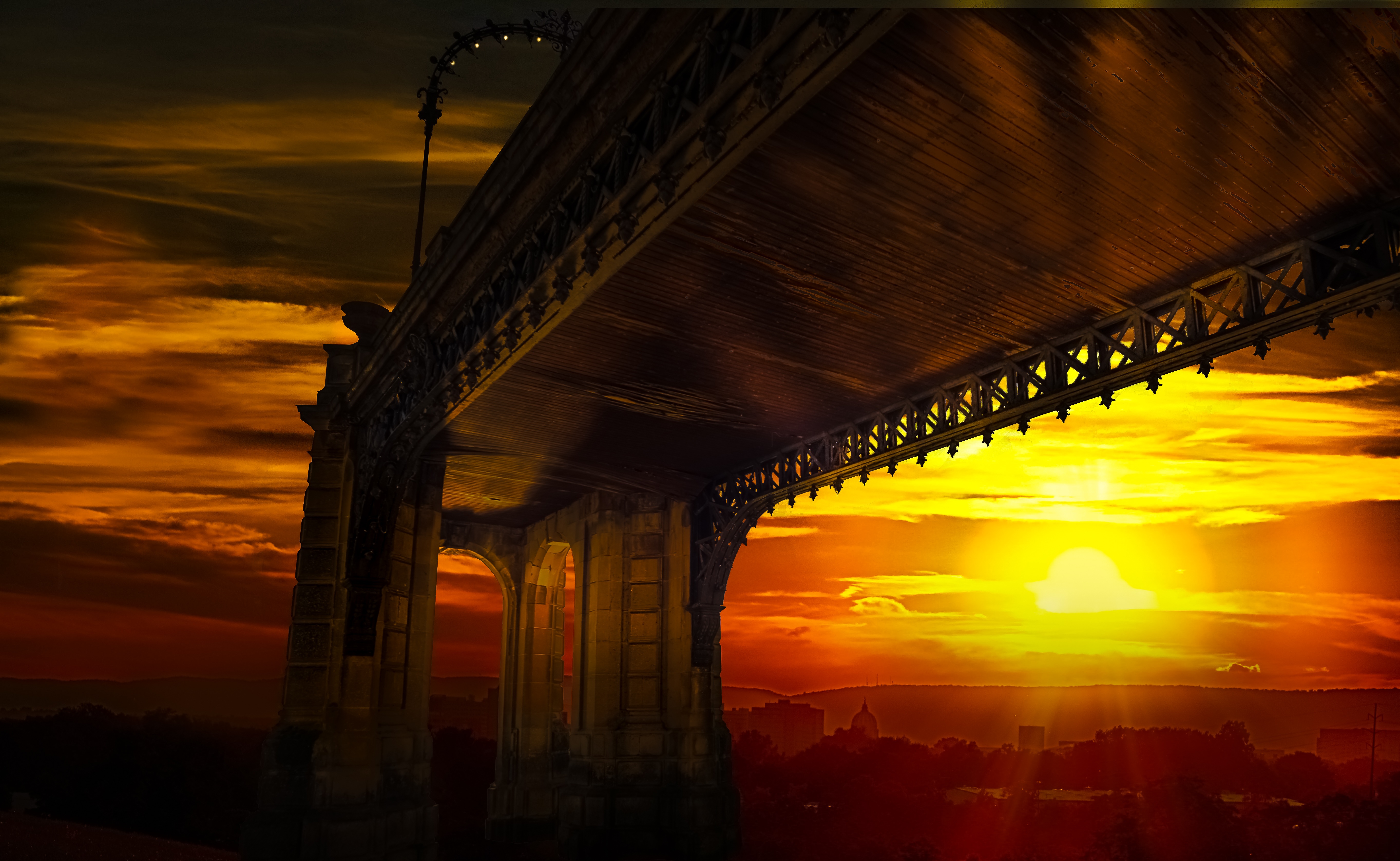 Скачать обои бесплатно Мосты, Закат, Небо, Солнце, Мост, Жёлтый, Сделано Человеком картинка на рабочий стол ПК
