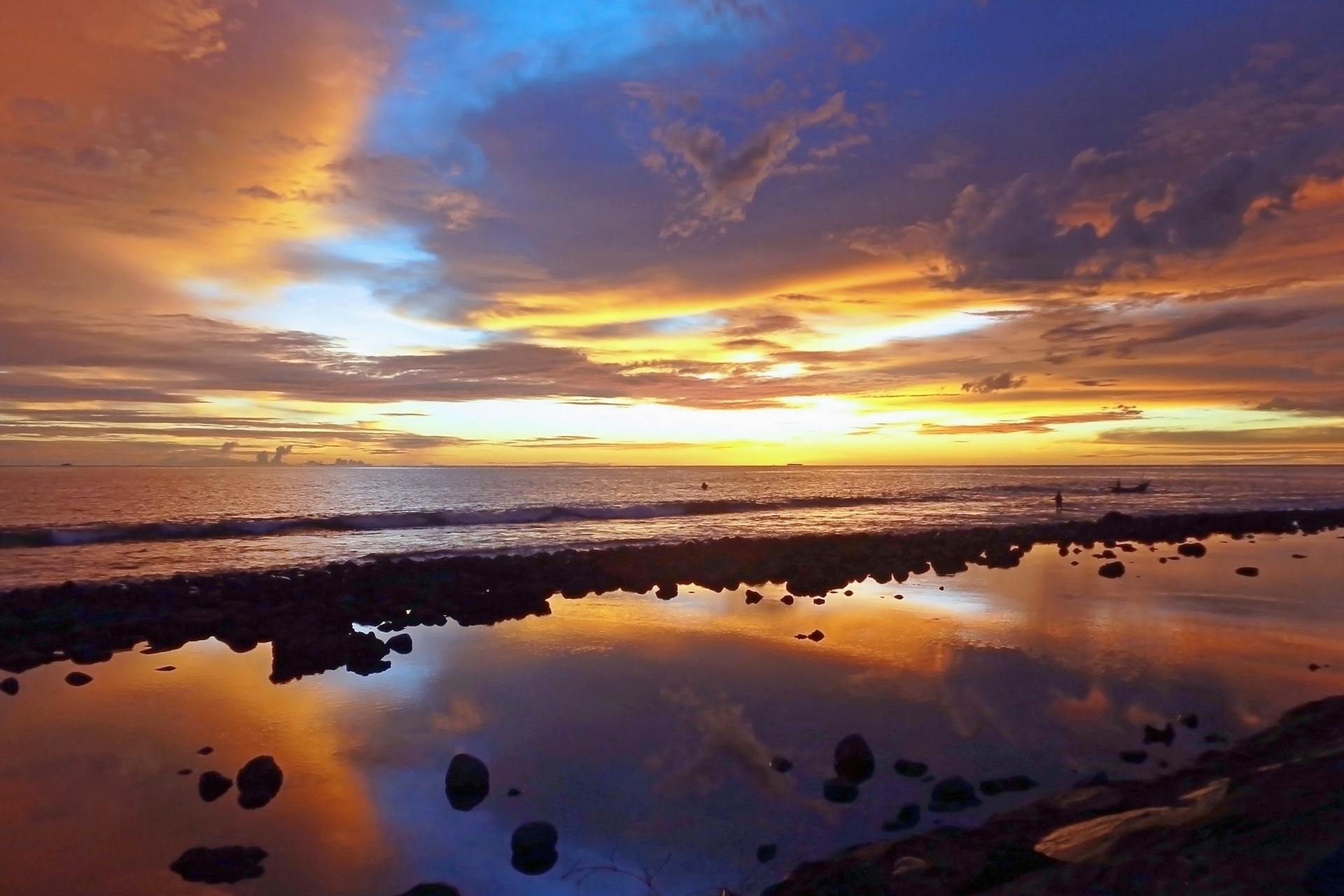 Download mobile wallpaper Reflection, Bank, Shore, Sky, Nature, Landscape, Sunset for free.