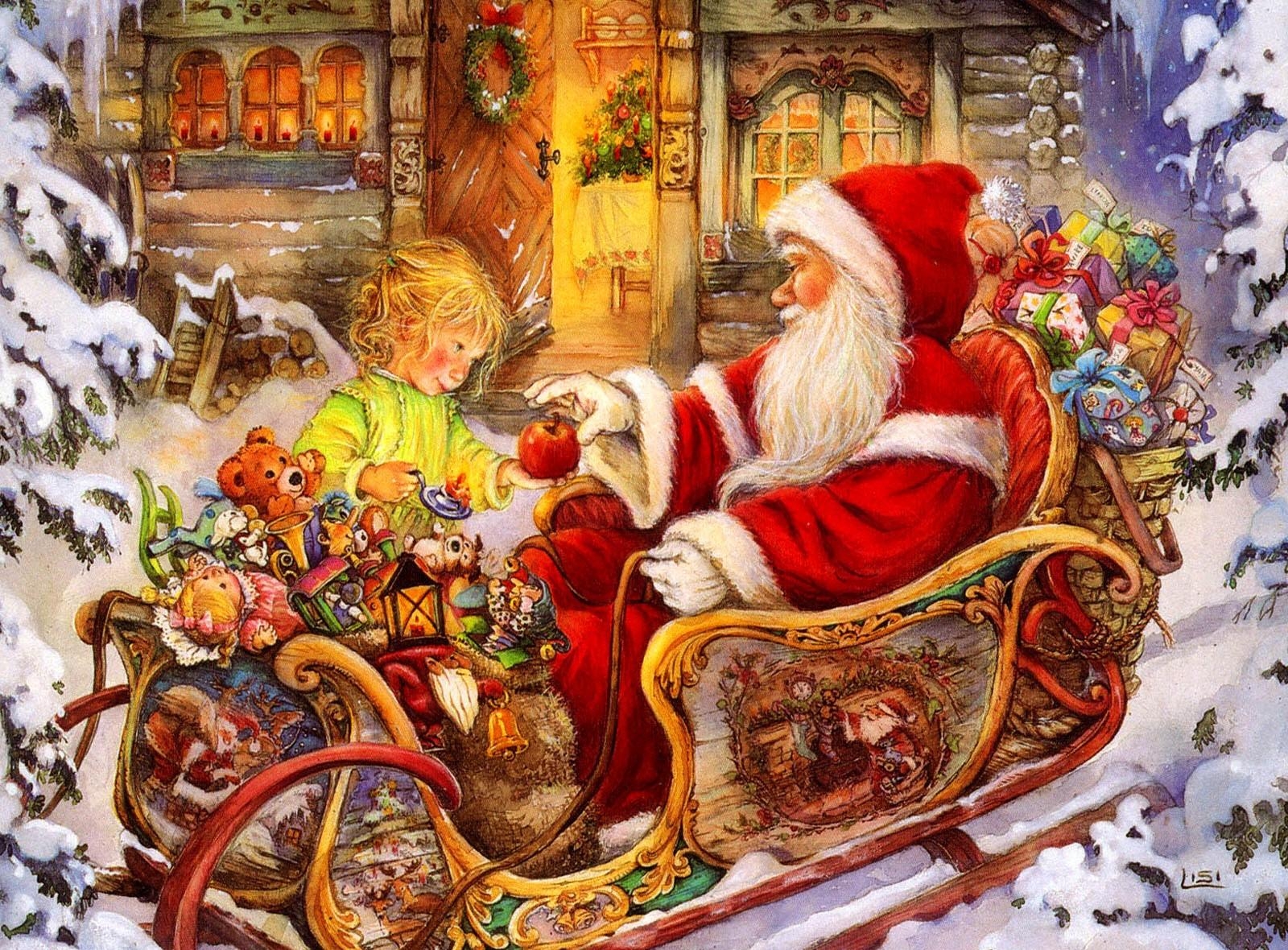 126221 Bild herunterladen weihnachtsmann, feiertage, weihnachten, urlaub, kind, apfel, schlitten, die geschenke, geschenke - Hintergrundbilder und Bildschirmschoner kostenlos