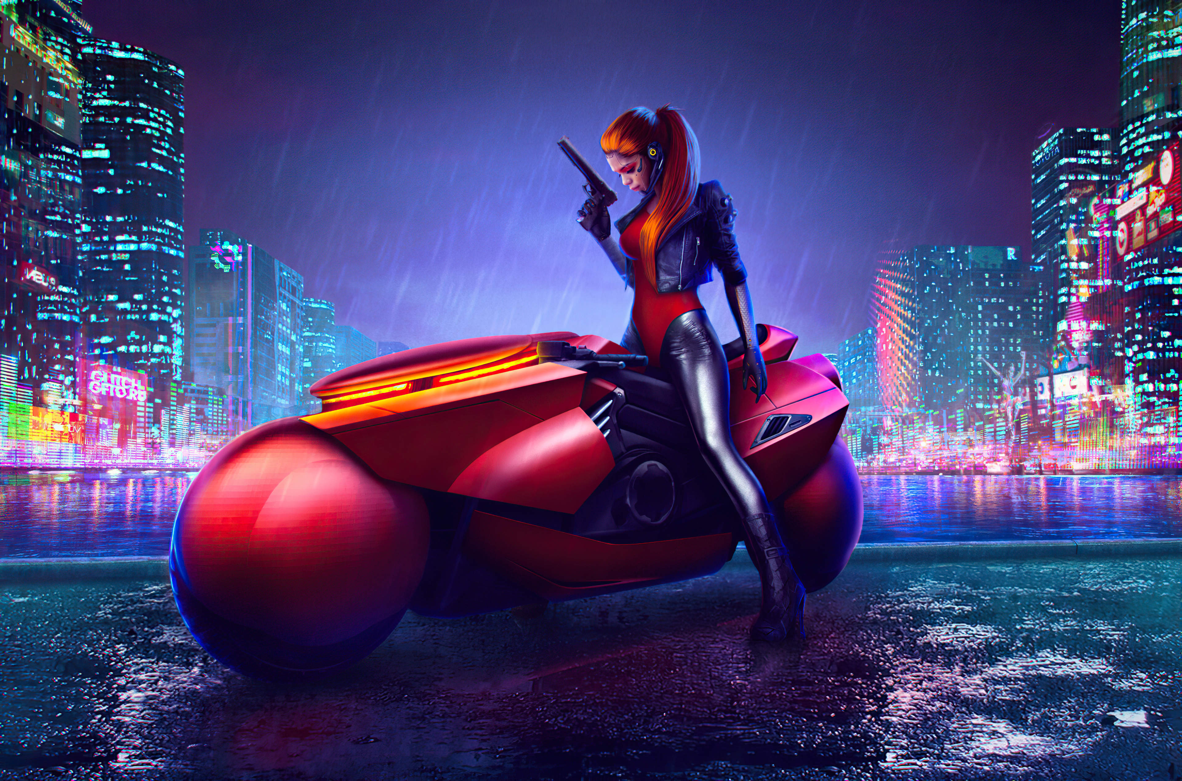 Download mobile wallpaper Cyberpunk, Motorcycle, Sci Fi, Futuristic, Red Hair, Woman Warrior, Ponytail for free.