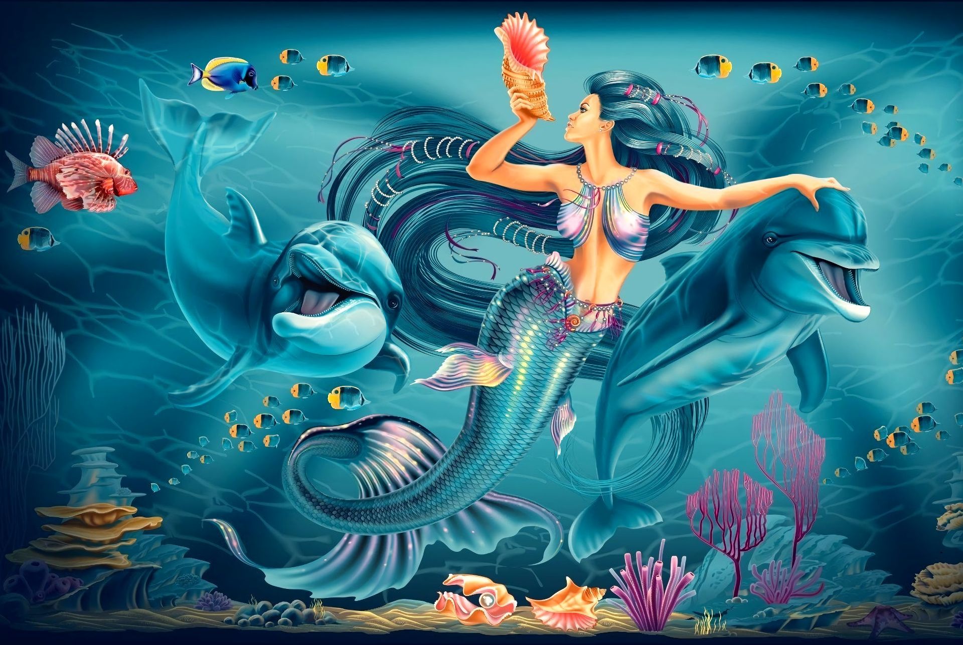 814222 descargar imagen fantasía, sirena, pelo azul, coral, delfin, pez, pelo largo, planta, concha, submarina: fondos de pantalla y protectores de pantalla gratis
