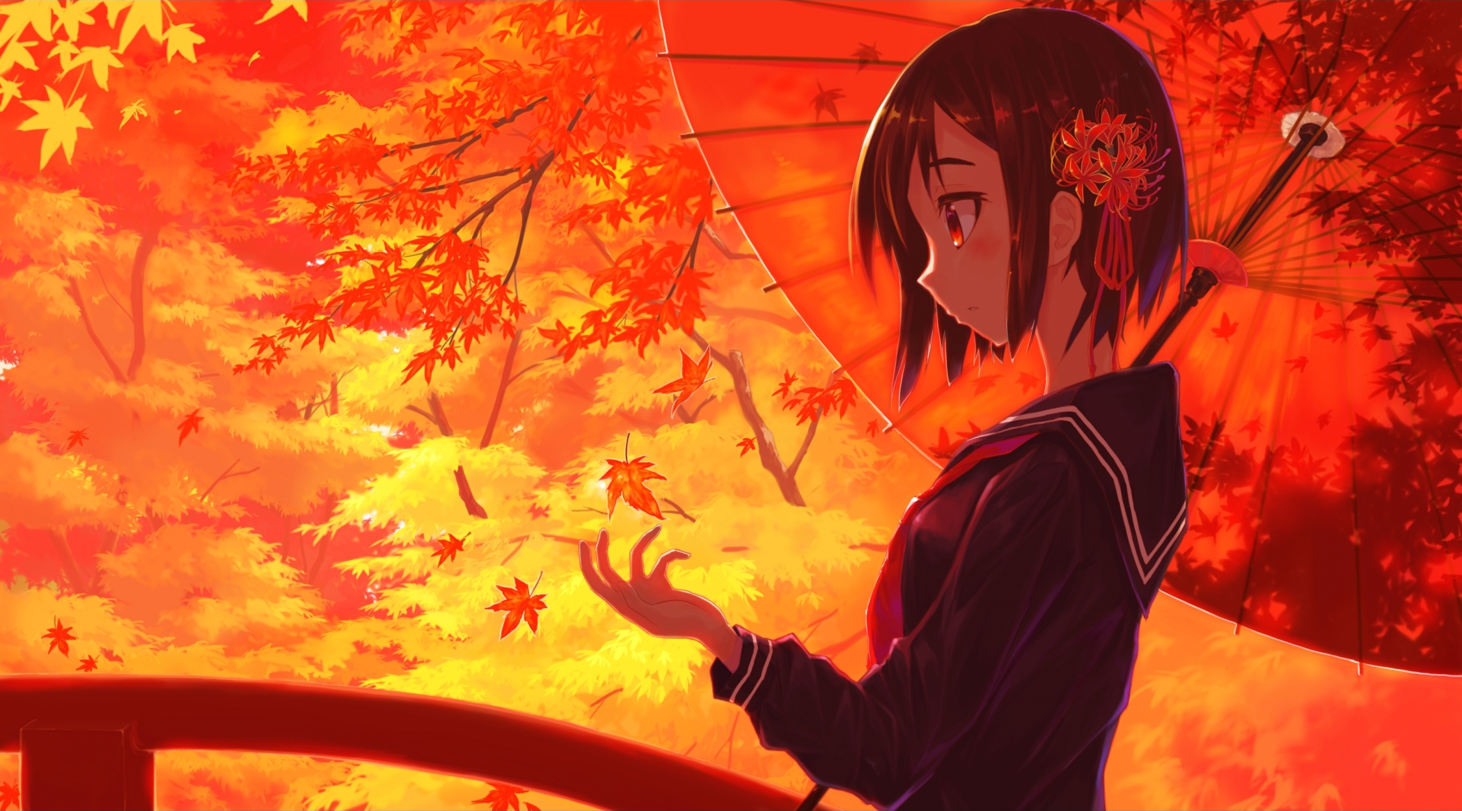 865232 скачать картинку аниме, оригинал, осень, листва, красные глаза, школьная форма, школьница, зонтики - обои и заставки бесплатно