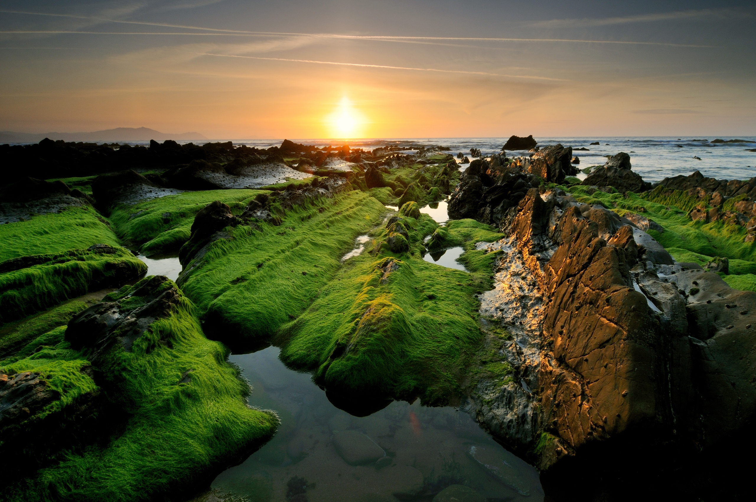 Download mobile wallpaper Rocks, Moss, Sunset, Nature for free.