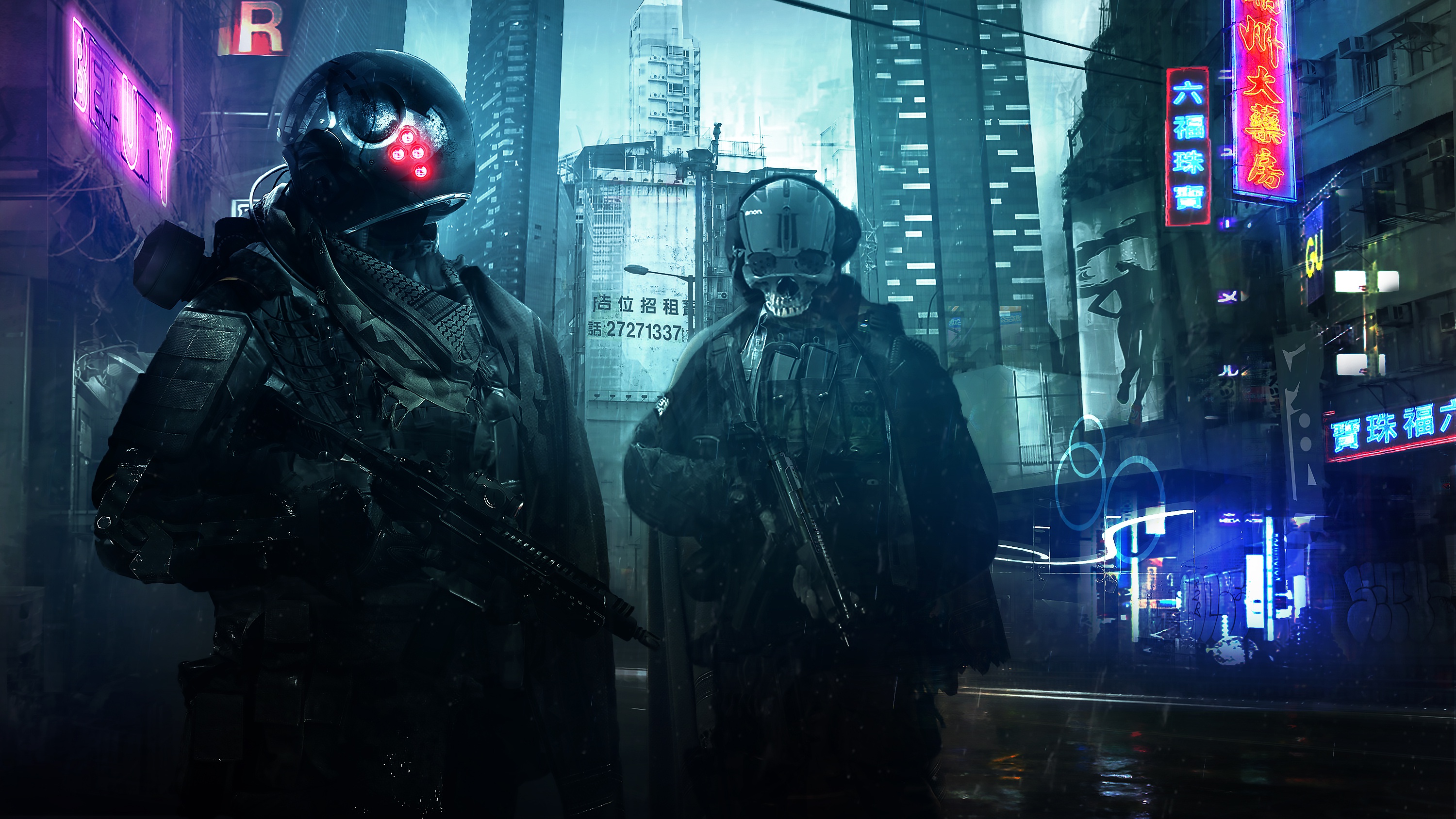 Laden Sie das Waffe, Neon, Krieger, Science Fiction, Soldat, Großstadt-Bild kostenlos auf Ihren PC-Desktop herunter