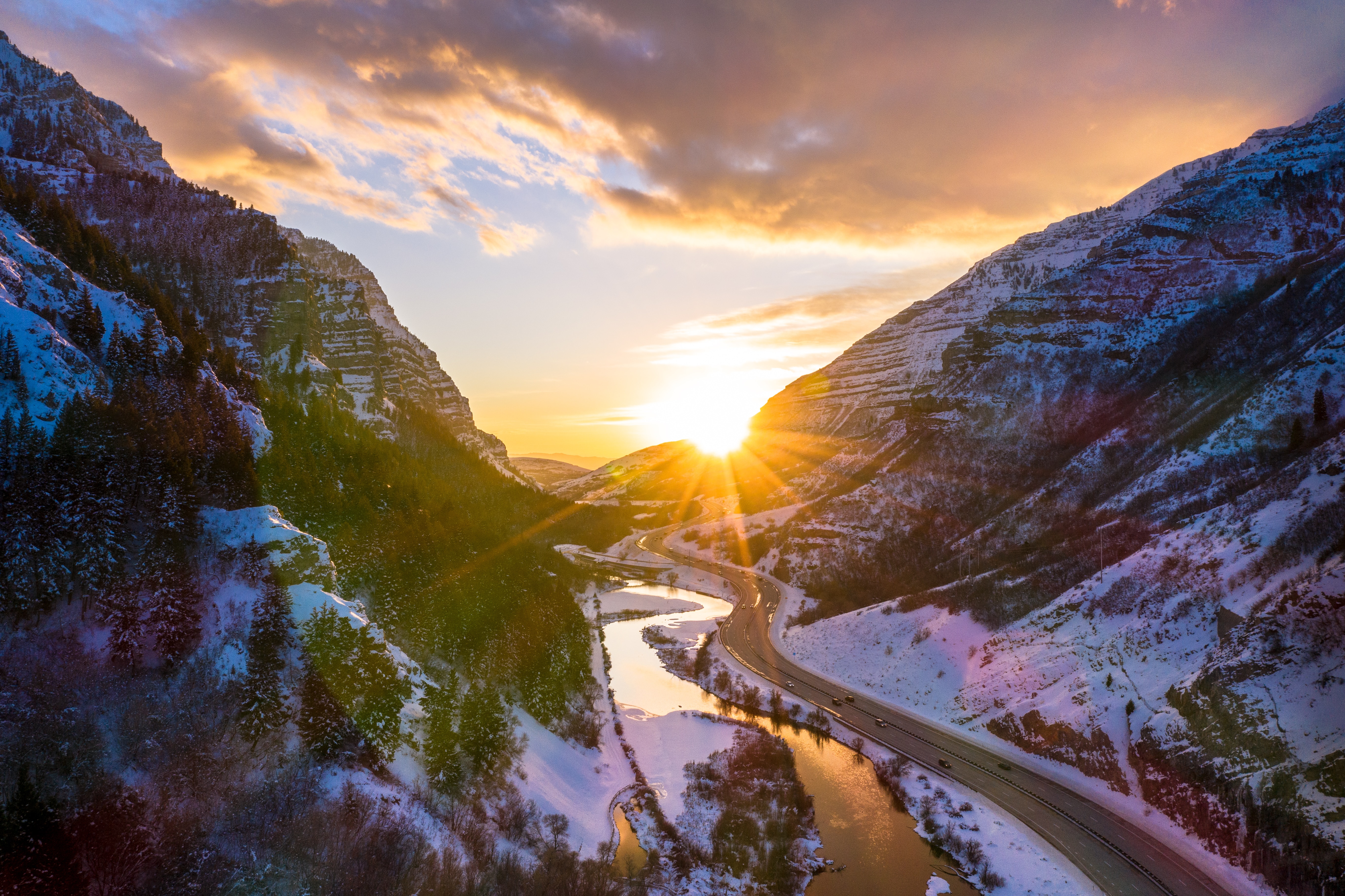 mountains, landscape, nature, rivers, sun, road HD for desktop 1080p