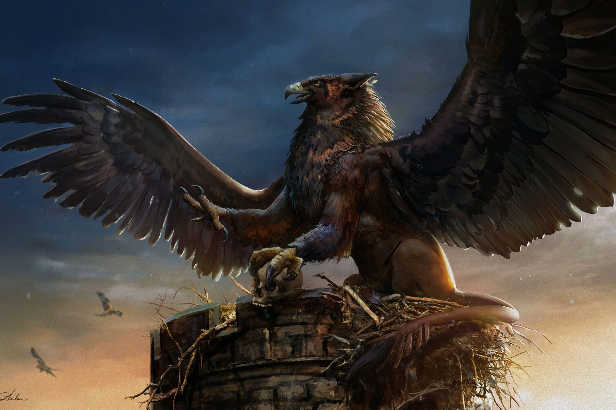 Download mobile wallpaper Fantasy, Wings, Creature, Skull, Griffin, Fantasy Animals for free.