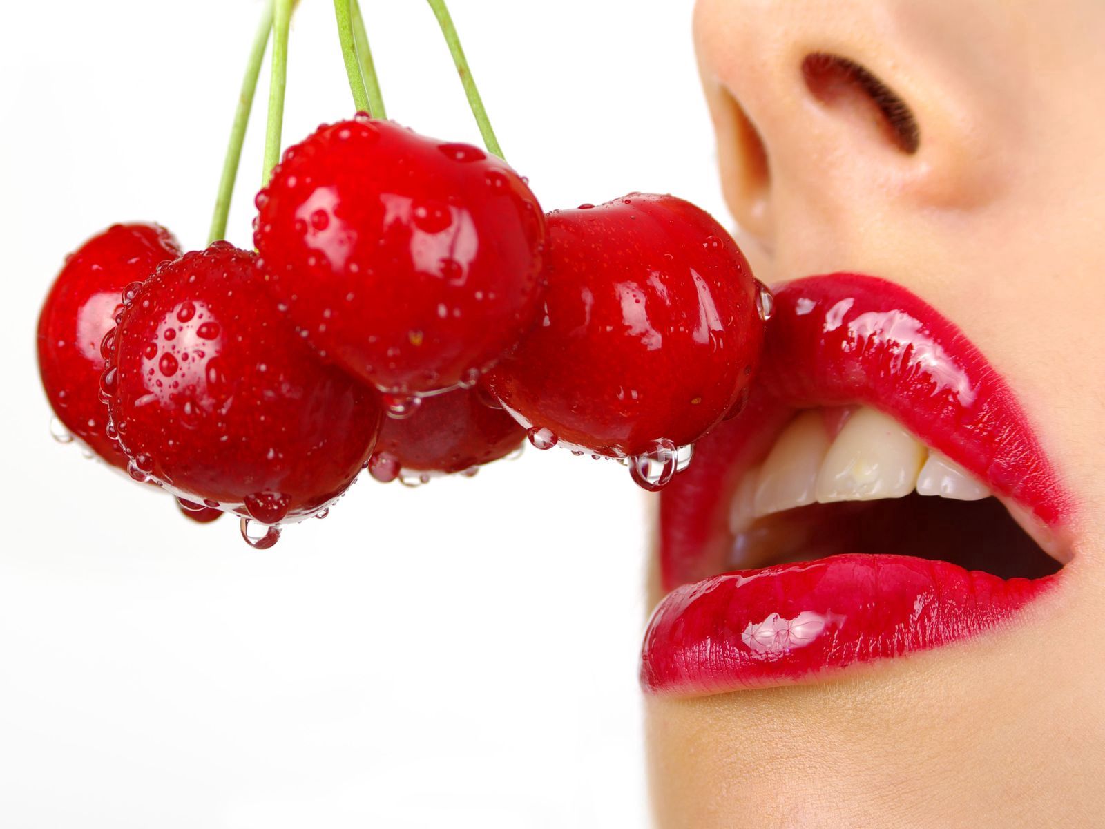 lips, cherry, macro, girl HD wallpaper
