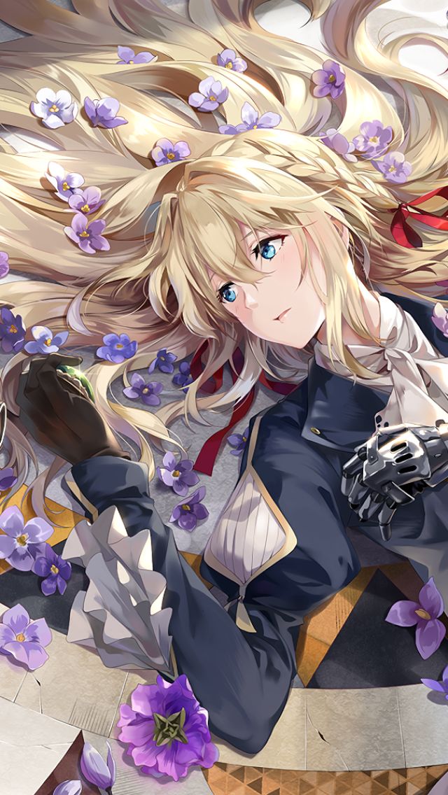 Handy-Wallpaper Blume, Blond, Blaue Augen, Hinlegen, Blondinen, Animes, Lange Haare, Violet Evergarden (Charakter), Violet Evergarden kostenlos herunterladen.