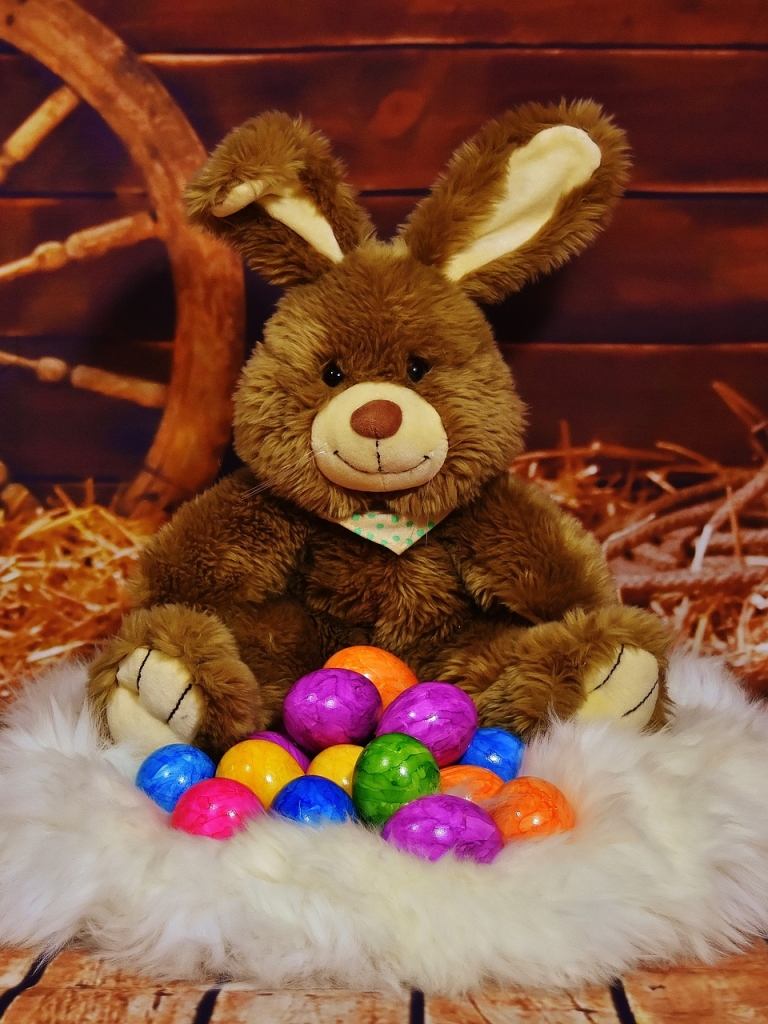 Download mobile wallpaper Easter, Still Life, Holiday, Rabbit, Bunny, Stuffed Animal, Easter Egg for free.