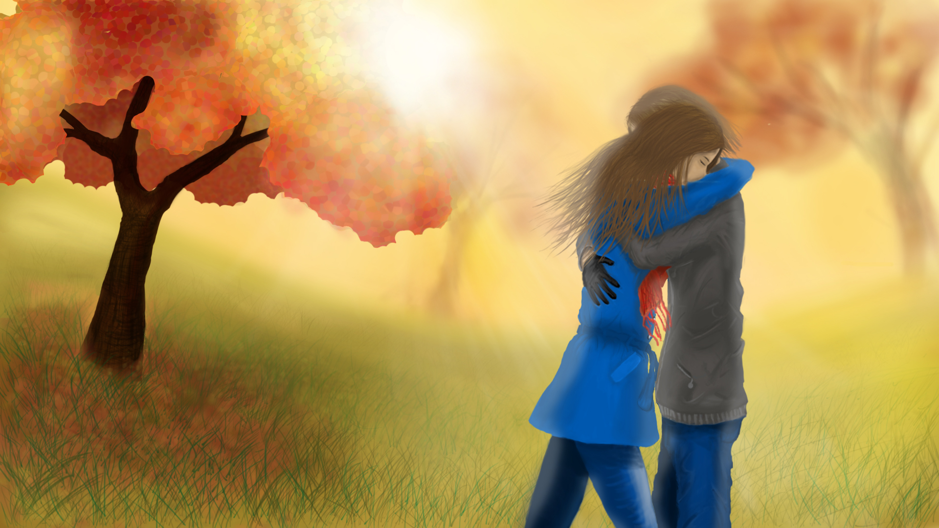Download mobile wallpaper Love, Couple, Fall, Artistic, Hug for free.