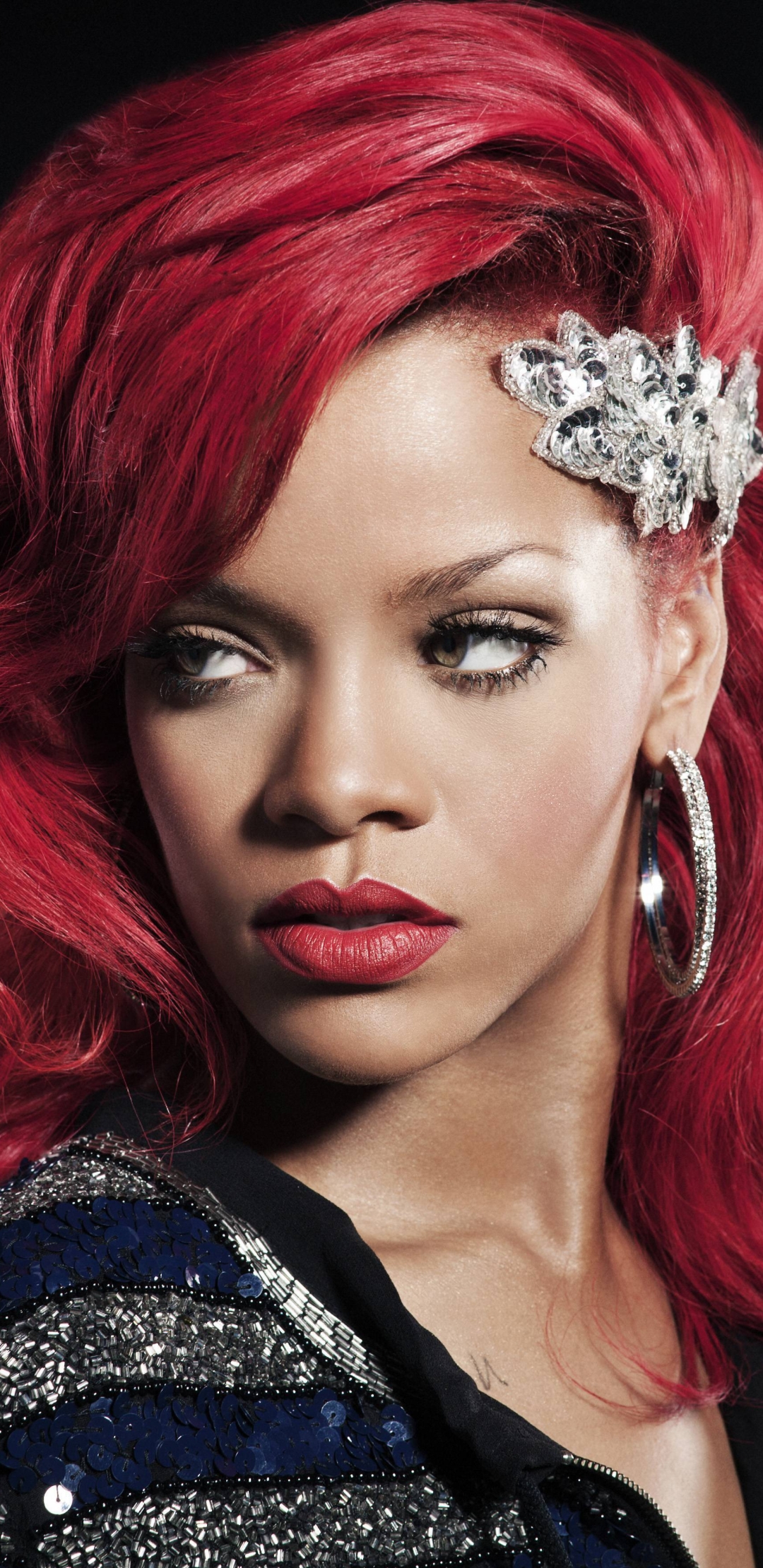 Download mobile wallpaper Music, Rihanna, Singer, Face, Earrings, Red Hair, Lipstick, Barbadian for free.