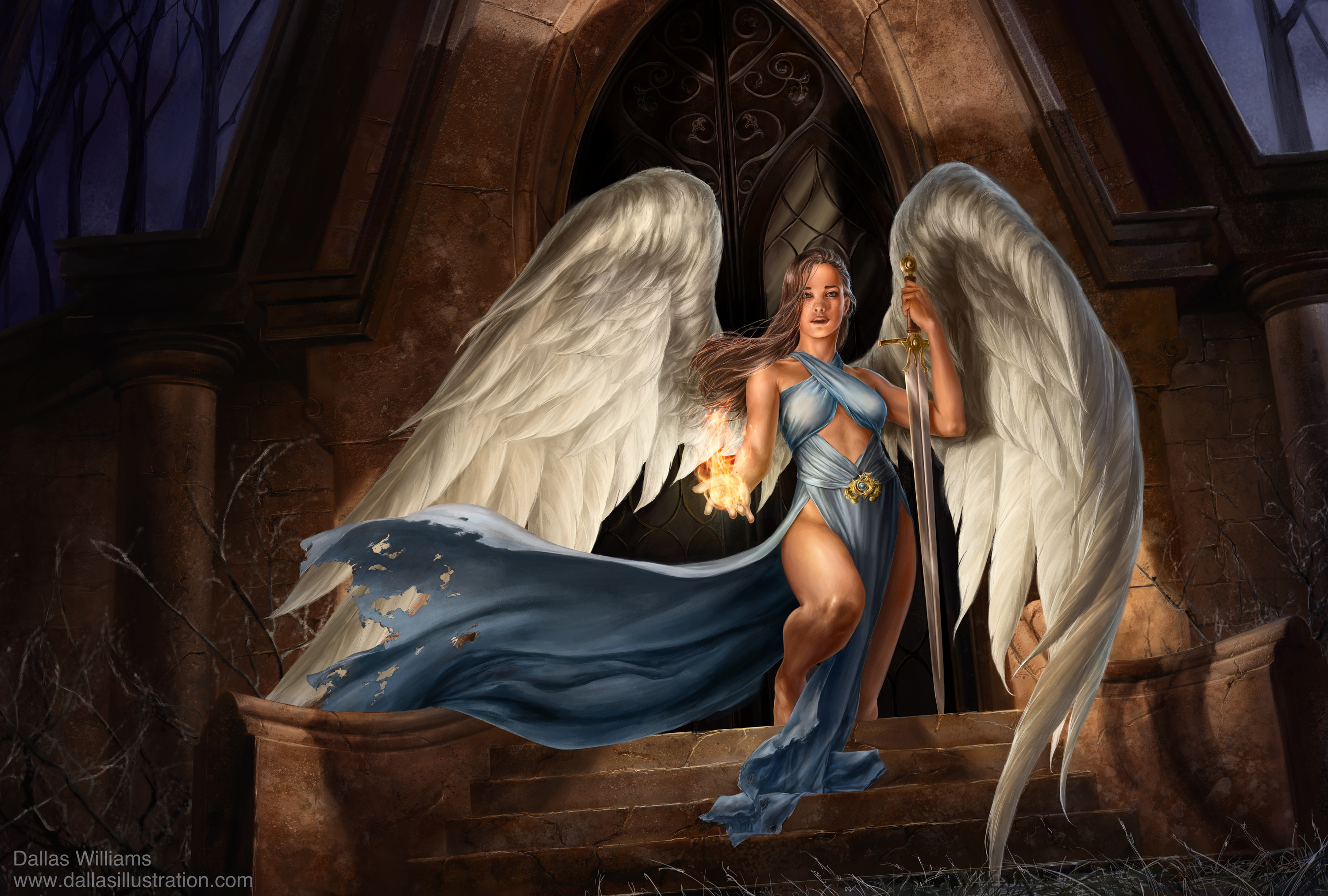 Free download wallpaper Magic, Fantasy, Building, Flame, Wings, Arch, Angel, Sword, Brown Hair, Angel Warrior on your PC desktop