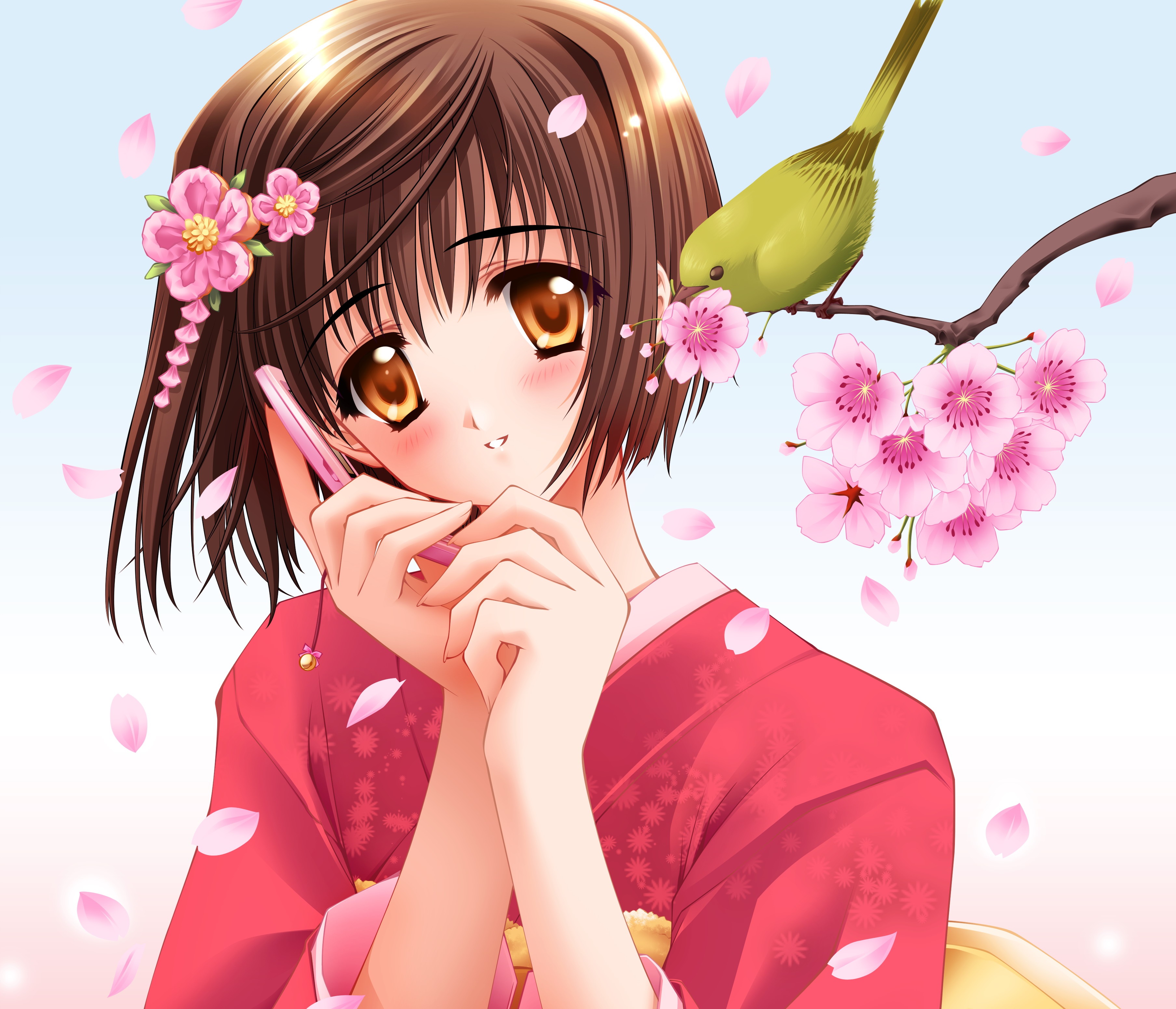 Laden Sie das Vogel, Lächeln, Kimono, Telefon, Blütenblatt, Original, Kirschblüte, Erröten, Animes, Braune Haare, Kurzes Haar, Orangefarbene Augen-Bild kostenlos auf Ihren PC-Desktop herunter
