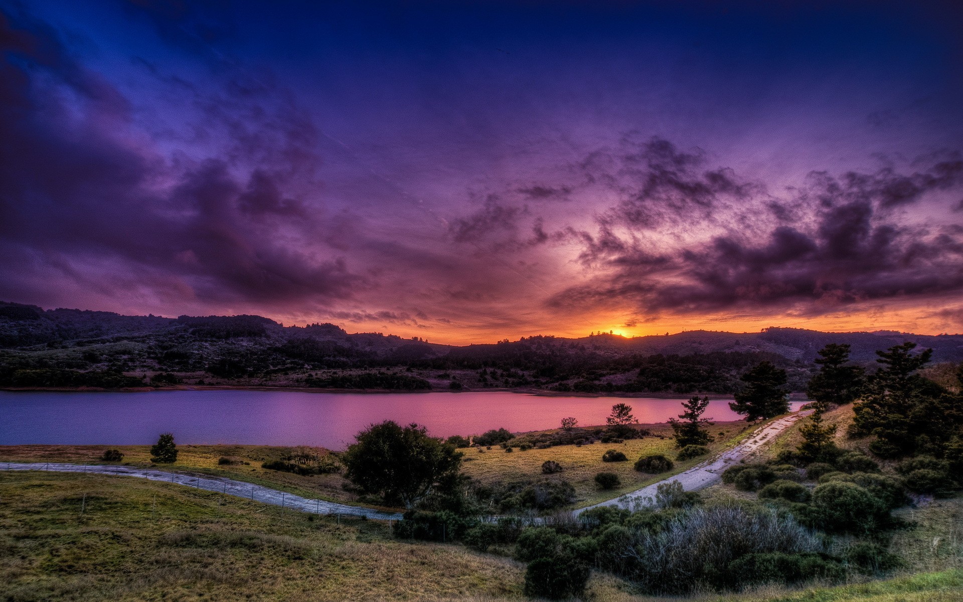 Download mobile wallpaper Hdr, Purple, Lakes, Lake, Earth, Sunset, Landscape for free.