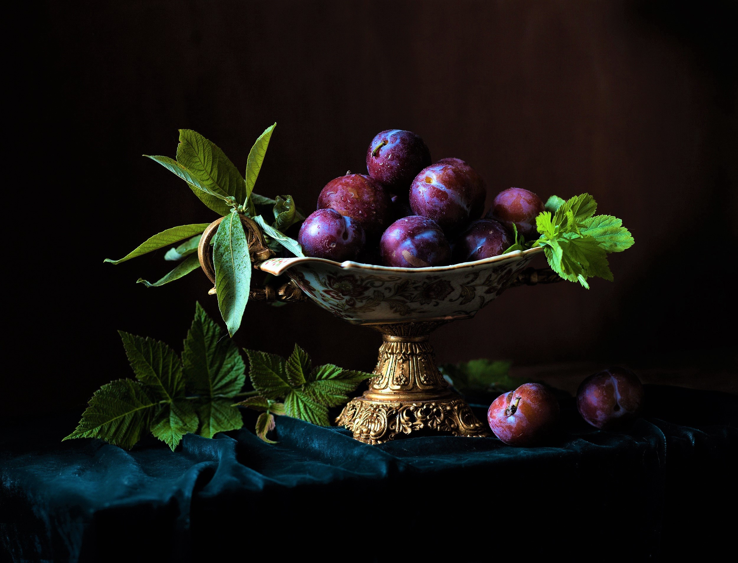 photography, still life, bowl, fruit, leaf, plum