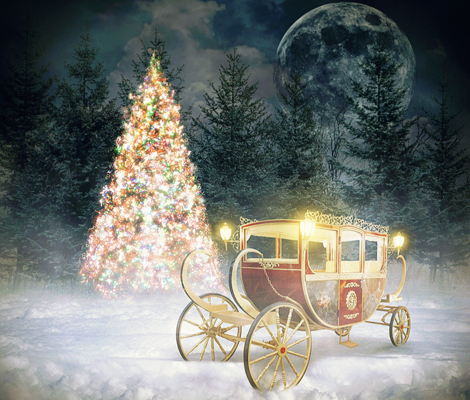 holiday, christmas, carriage, christmas tree, light, moon, snow, tree