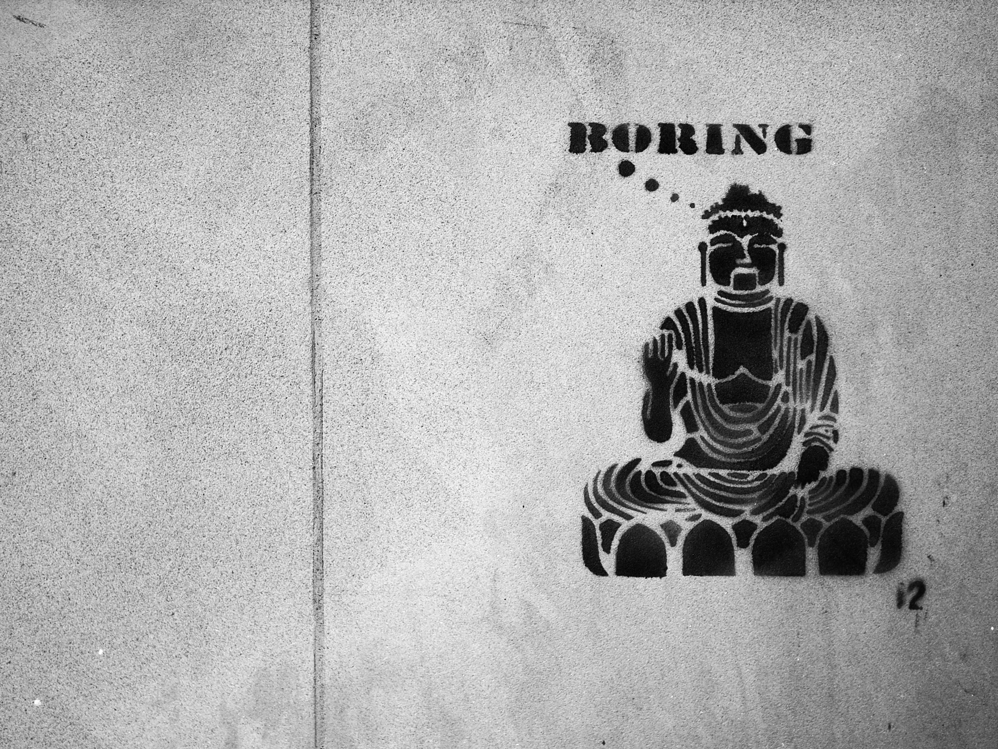 103659 скачать картинку граффити, будда, чб, арт, надпись, буддизм, boring - обои и заставки бесплатно