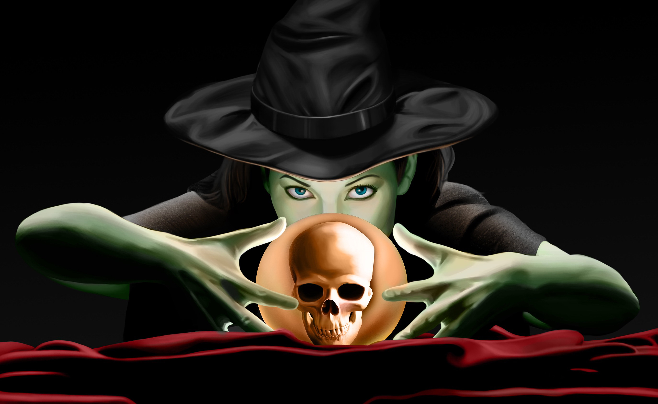 Download mobile wallpaper Halloween, Holiday, Skull, Blue Eyes, Witch, Witch Hat for free.