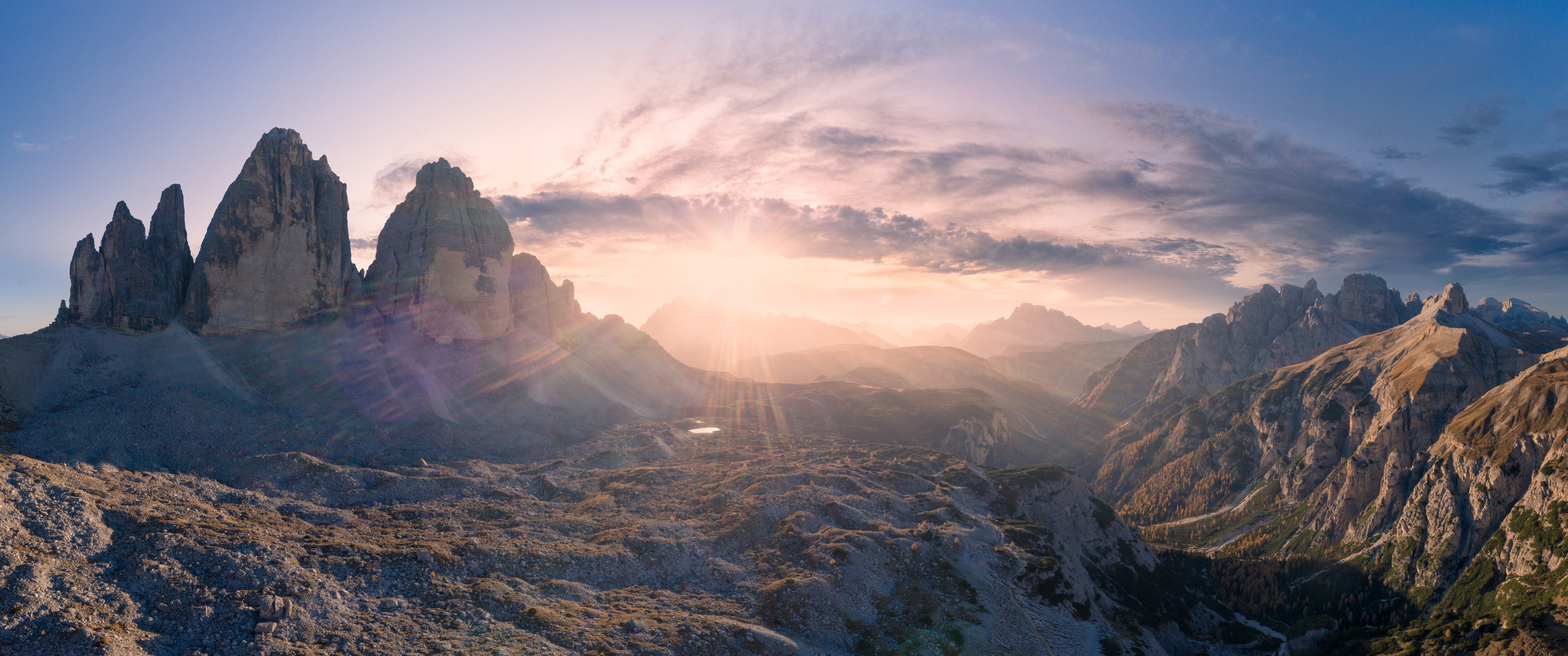 Download mobile wallpaper Sun, Dawn, Mountain, Earth, Morning, Panorama, Dolomites for free.