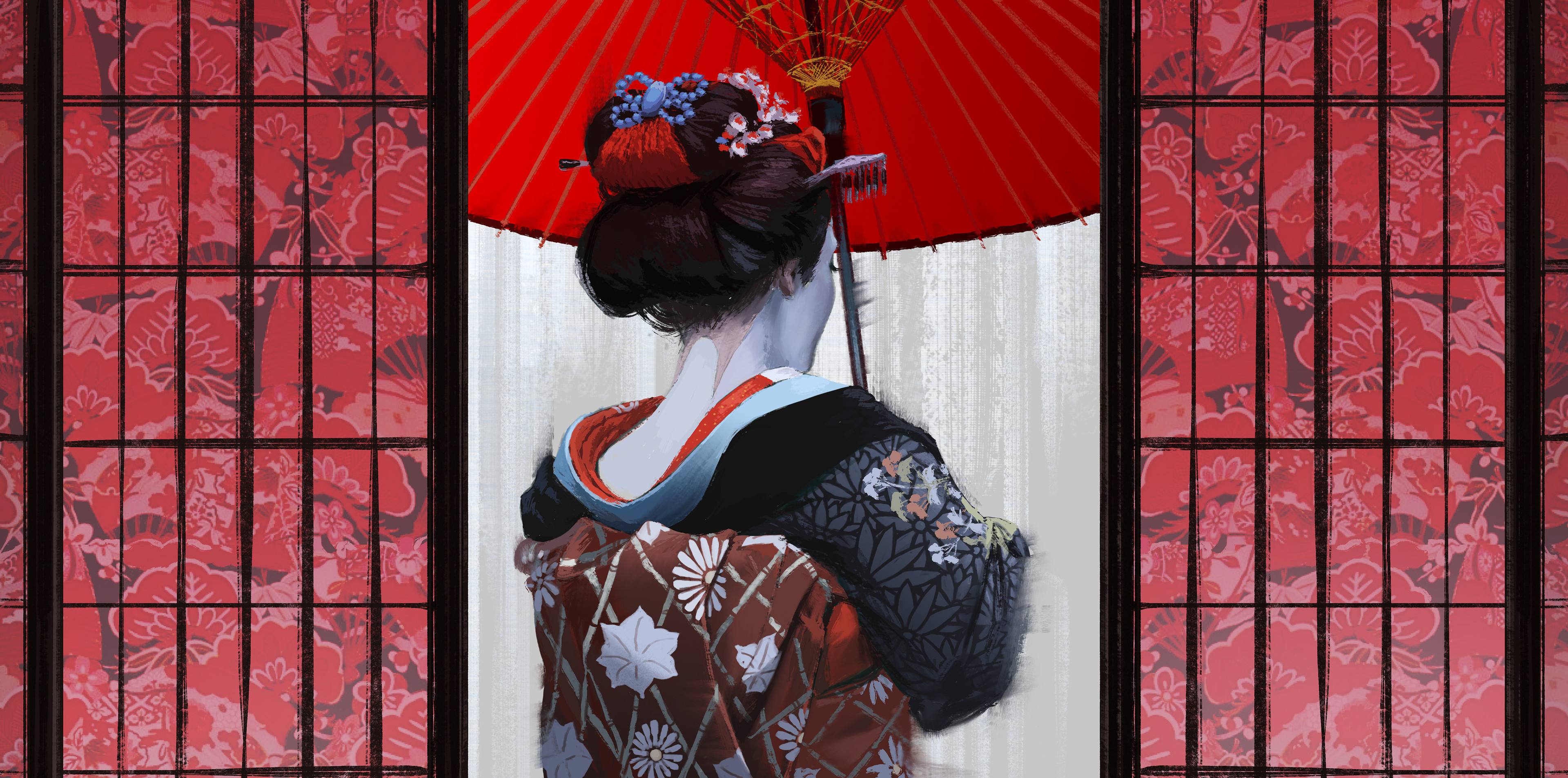 1000571 Hintergrundbild herunterladen künstlerisch, geisha, japanisch, kimono, sonnenschirm, regenschirm - Bildschirmschoner und Bilder kostenlos