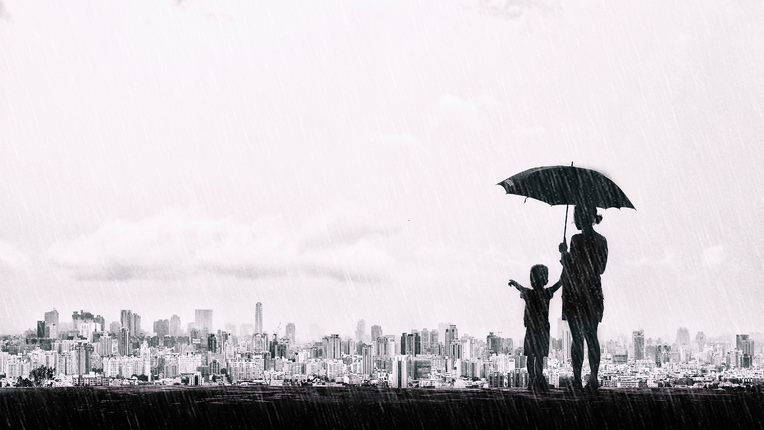 Download mobile wallpaper People, Rain, City, Silhouette, Umbrella, Photography, Black & White for free.
