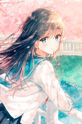 Download mobile wallpaper Anime, Girl, Spring, Blue Eyes, Blush, School Uniform, Long Hair, Brown Hair for free.