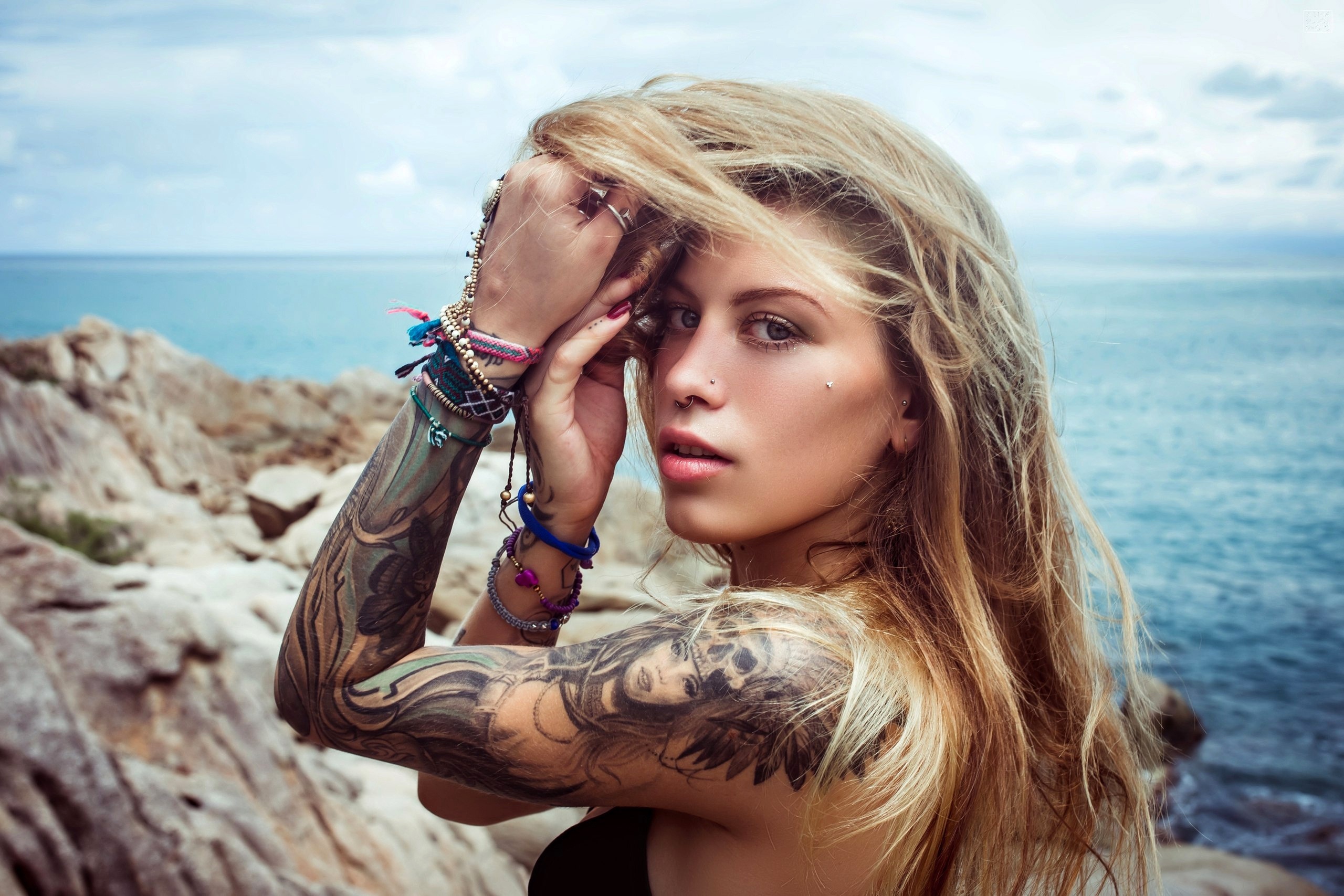 Download mobile wallpaper Tattoo, Blonde, Model, Women, Blue Eyes, Depth Of Field for free.